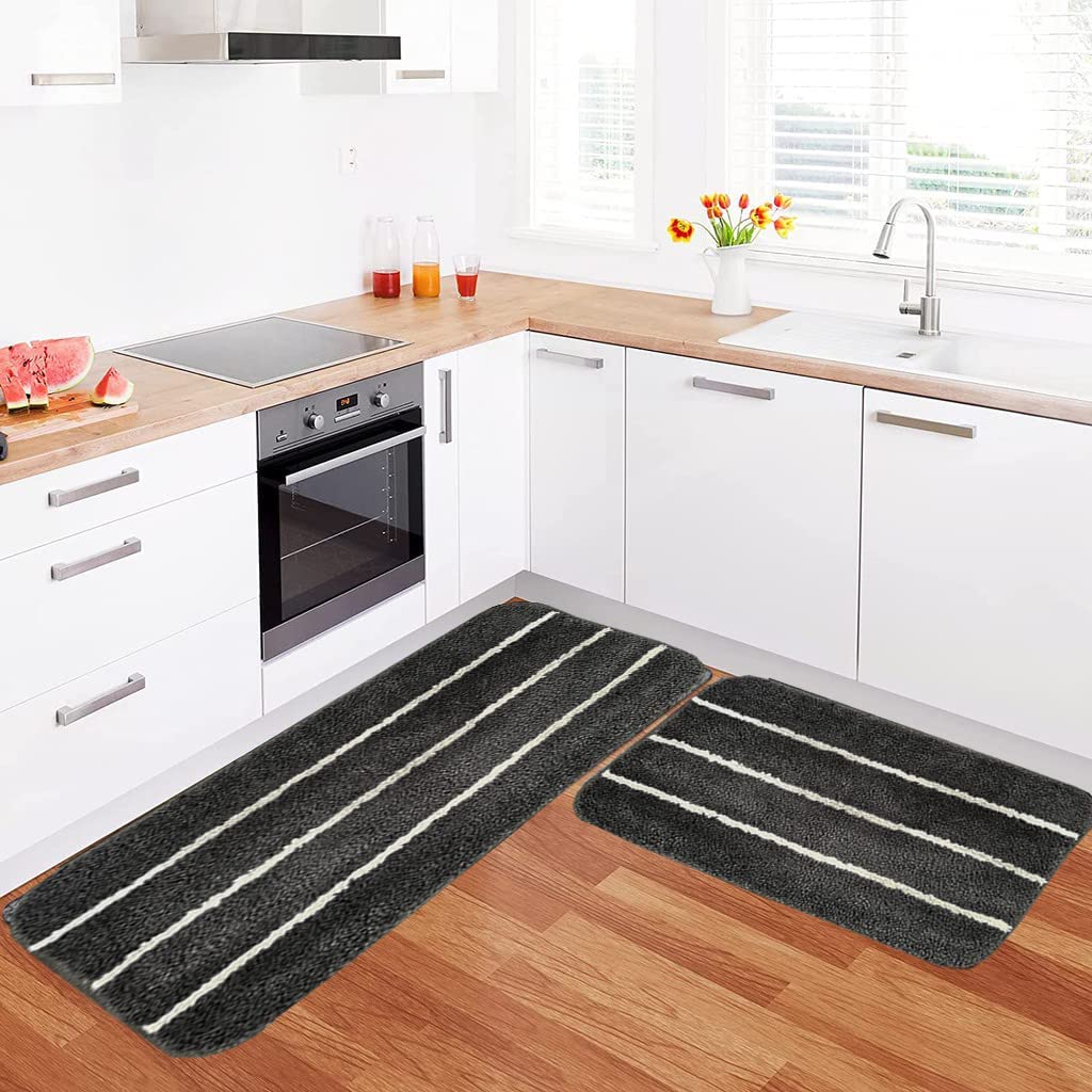 India Kitchen Mat and Runner with Anti Skid Backing,Colour Grey 3 White line (40x120(40 x 60) CM Set of 2