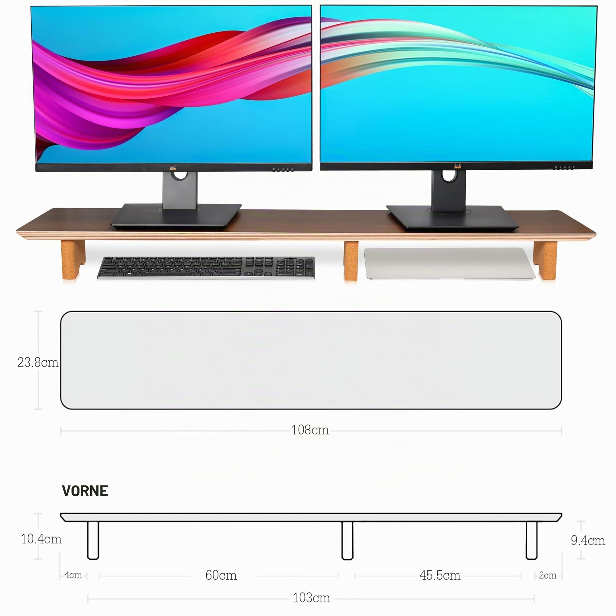 Aothia Massivholz Doppel Monitorständer mit 3 Korkfüßen Walnuss Groß | Massivholz Monitorständer, passend für 2 Monitore, 3 stabile Korkfüße, kein Billig-Spanplatten, robust für Büro & Heim
