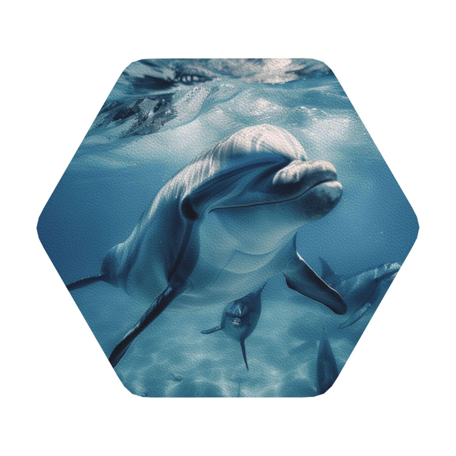 cute Dolphins Print Leather Coaster Set of 6, Hexagon Coasters Table Decorative Coffee Cup Beverage Coasters Wine Beer Bar Coasters for Hot Drinks Table Protection