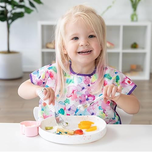 Miniatura 3 de Bumkins Utensilios para niños pequeños, juego de tenedor y cuchara para niños, cubiertos de entrenamiento de silicona y acero inoxidable, tenedores