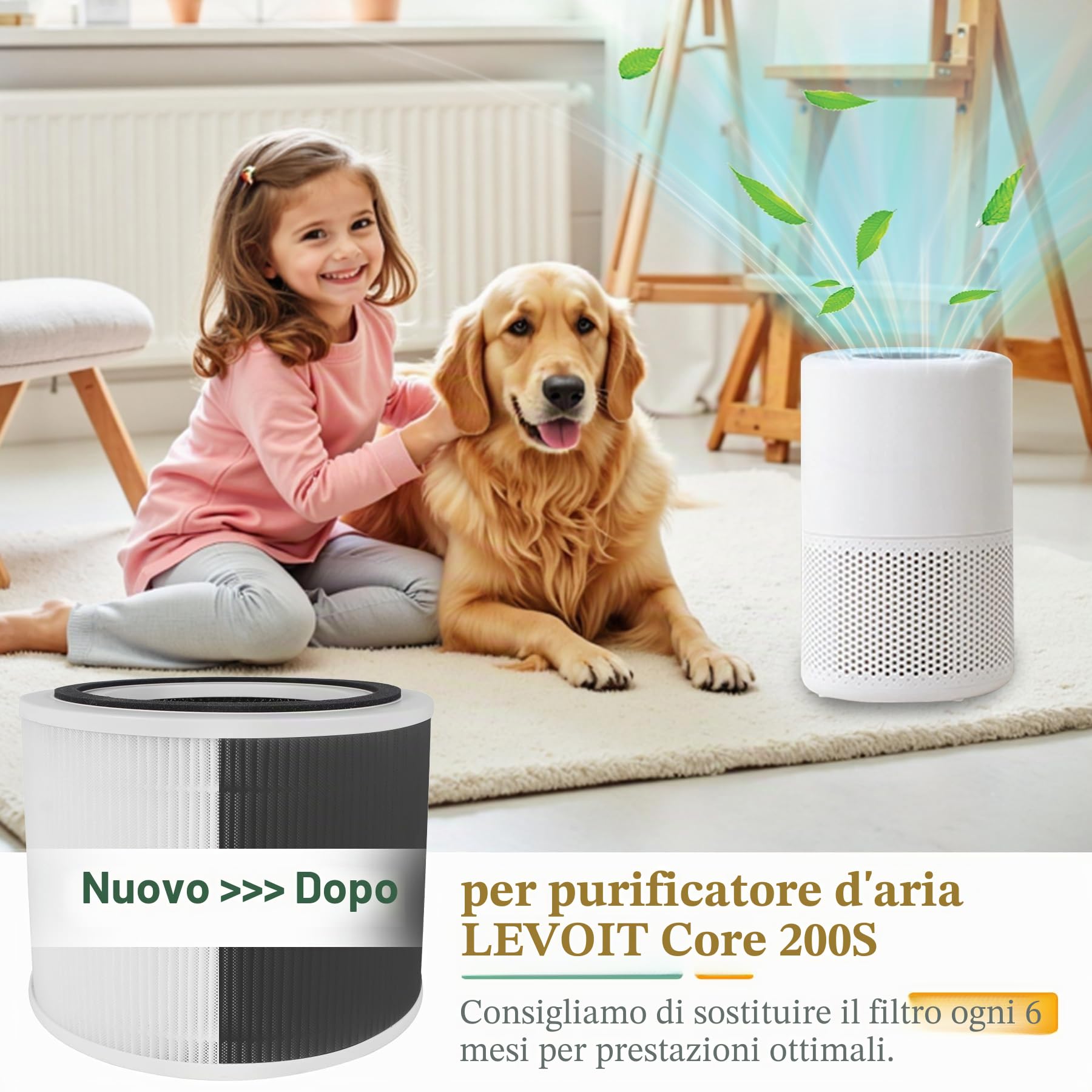 2 filtri Core 200S compatibili con purificatore d'aria Levoit Core 200S, filtro HEPA 3 in 1 H13, alta efficienza carbone attivo di ricambio Core 200S-RF, bianco