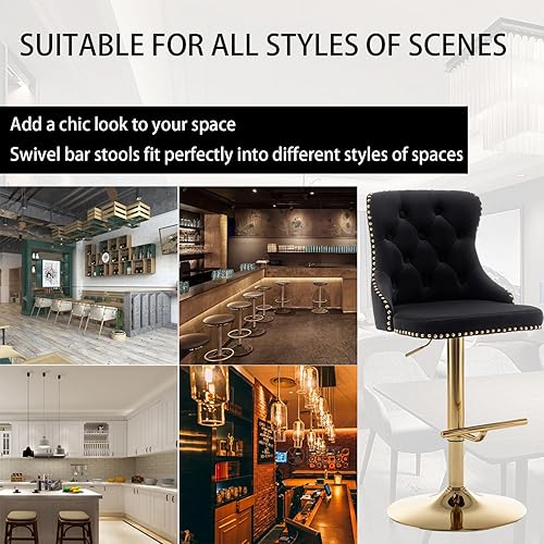 Miniatura 7 de Riknuxi Juego de 4 taburetes de bar de terciopelo, taburetes de bar de altura de mostrador con borde de botón y cabezas de clavos, taburetes de bar