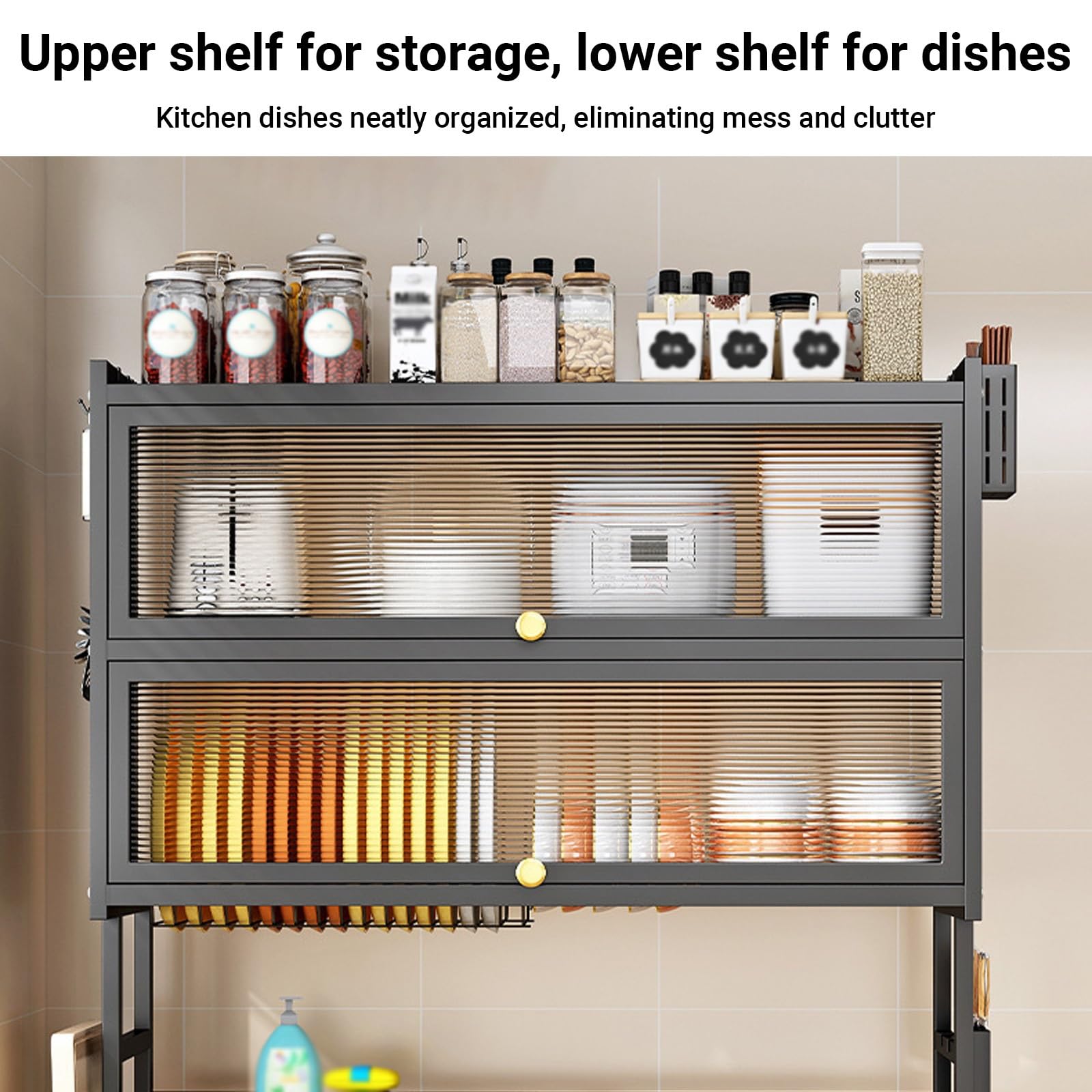 Escurridor de platos sobre el fregadero, escurridor de platos de tres niveles con cubierta, escurridor de platos de cocina que ahorra espacio, organizador para platos, vasos, cuencos (negro, 95 cm)