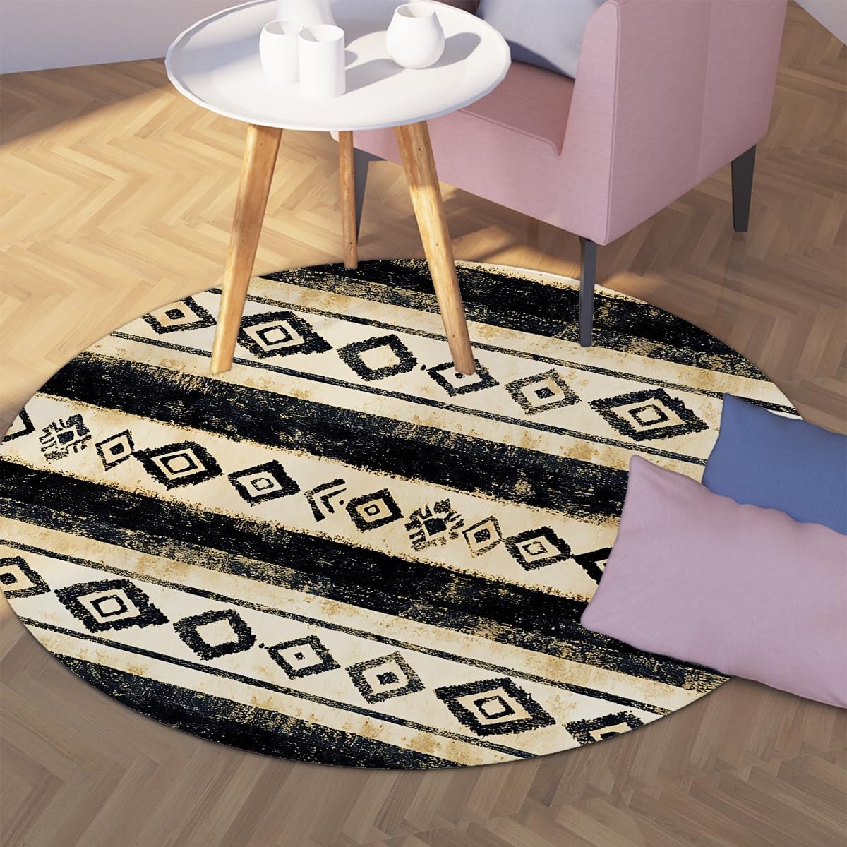 Tappeto rotondo geometrico azteco Tappeto vintage Boho Circle Tappeti antiscivolo facili da pulire per cucina Soggiorno Camera da letto Decorazioni per la casa 90cm