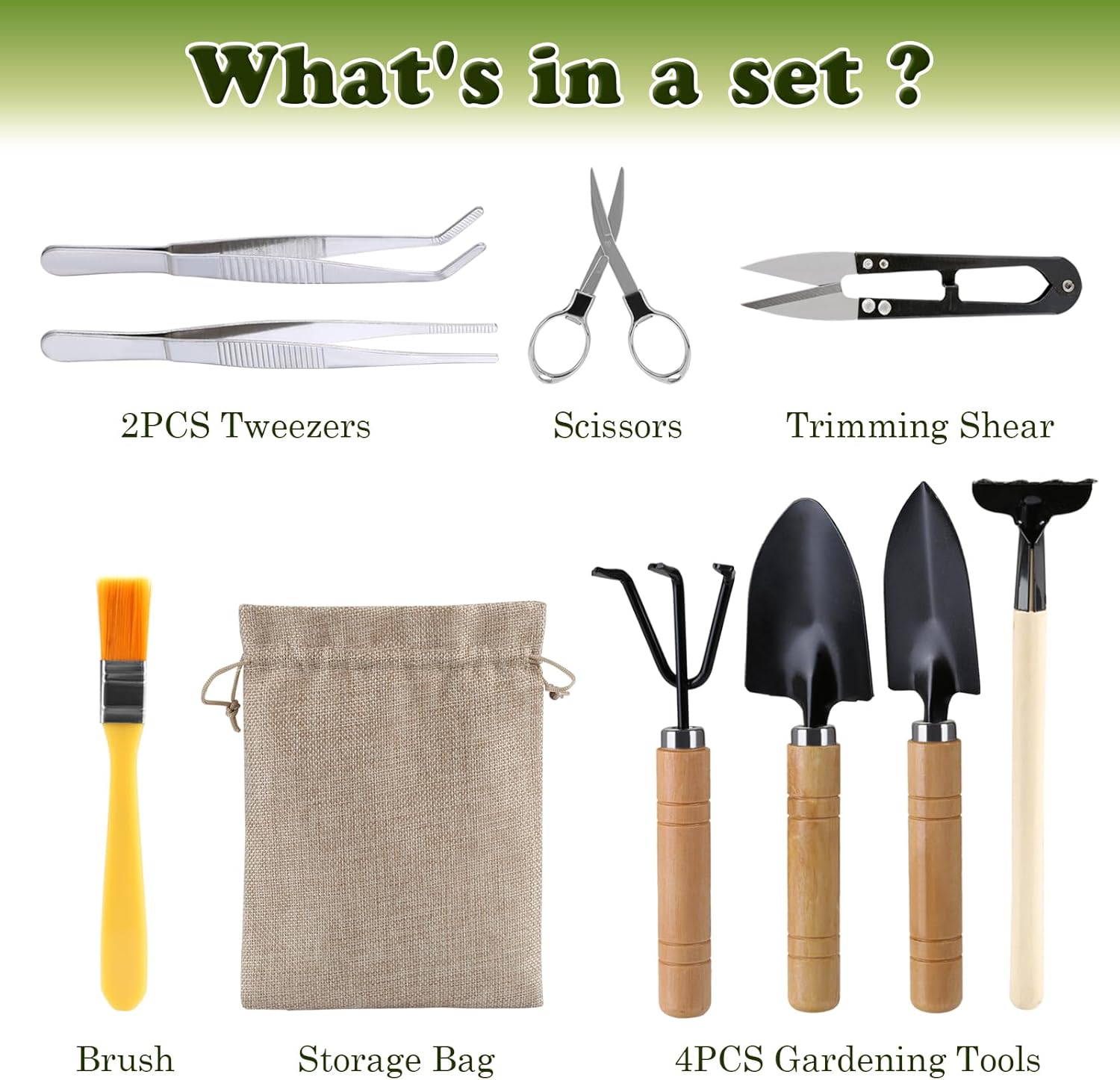 9 Piece Basic Bonsai Tools Set, Includes Pruning Shears, Mini Rake, Fold Scissors and More