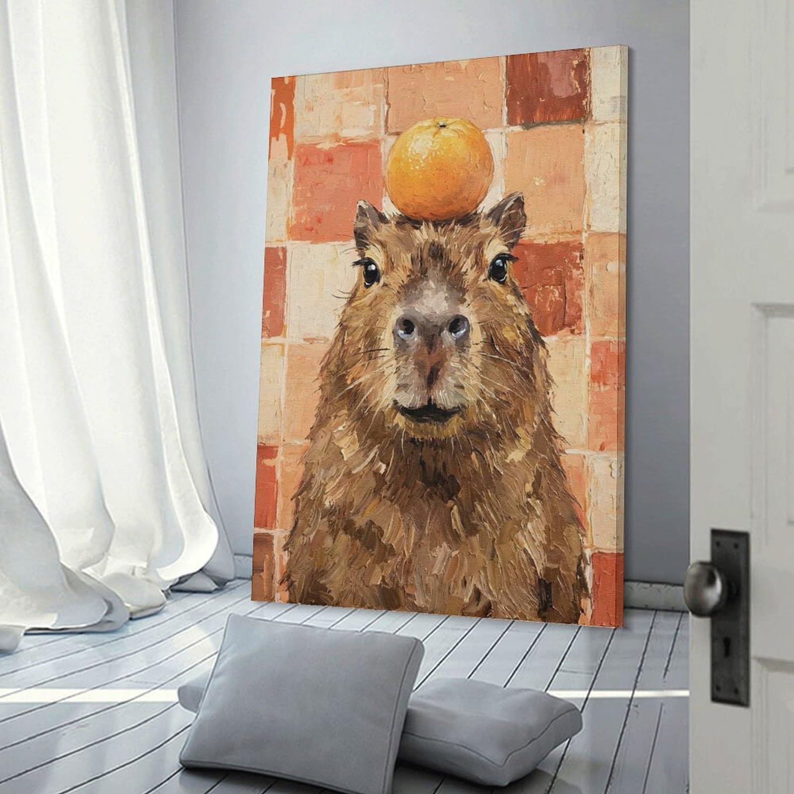 Junmoney Frame-Style-3 Capybara With Orange Hat Canvas Wall Decor 24X36inch(60X90cm), For Study, Office Or Focused Interiors, Wall Art That Adds Style To Work Areas
