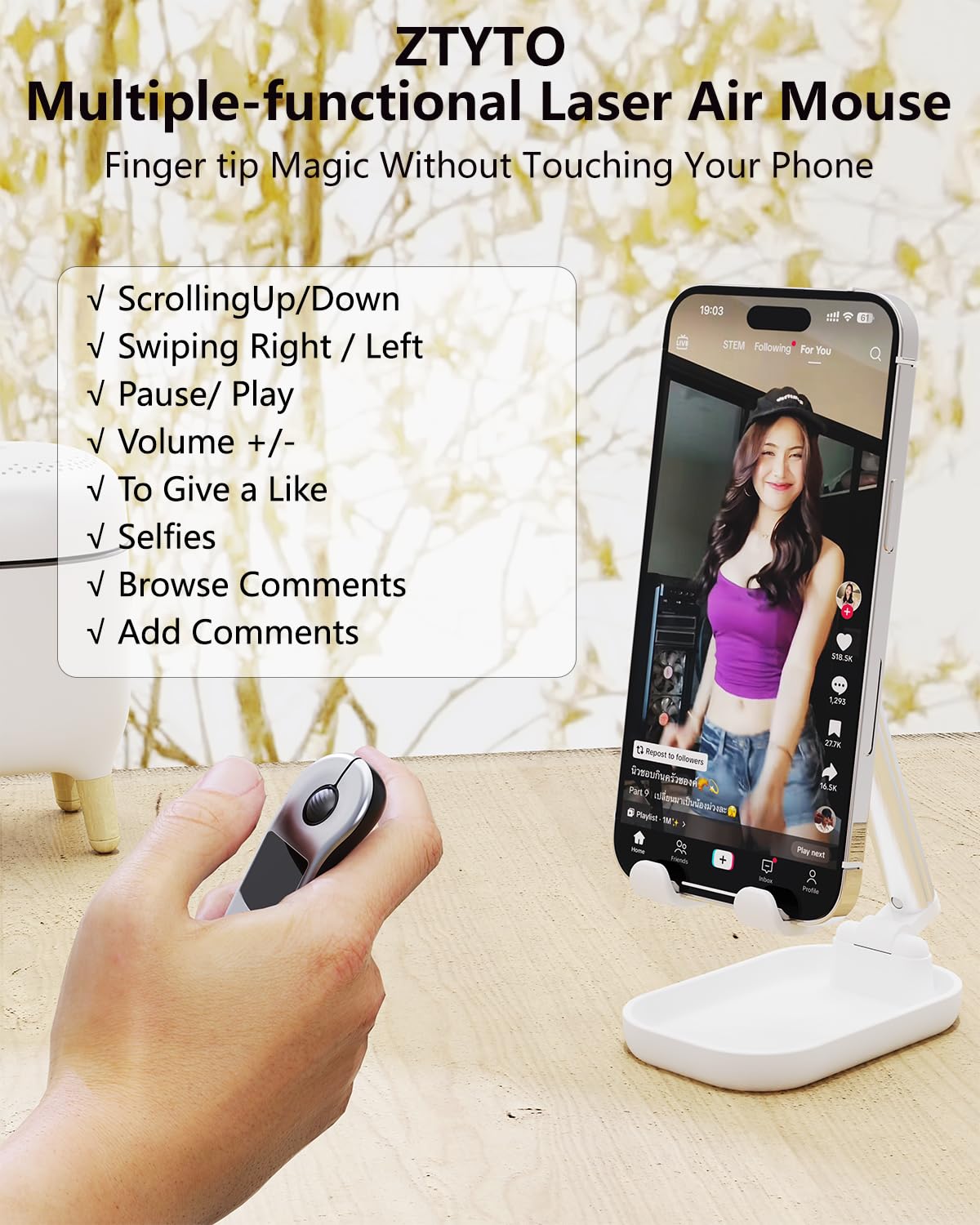 Air Mouse Wiederaufladbarer kabelloser Presenter mit Touchpad für PC/Laptop/iOS/Android, Bluetooth-Fernbedienung für PowerPoint/Keynote/TikTok/Kamera/Kindle App (Silber)