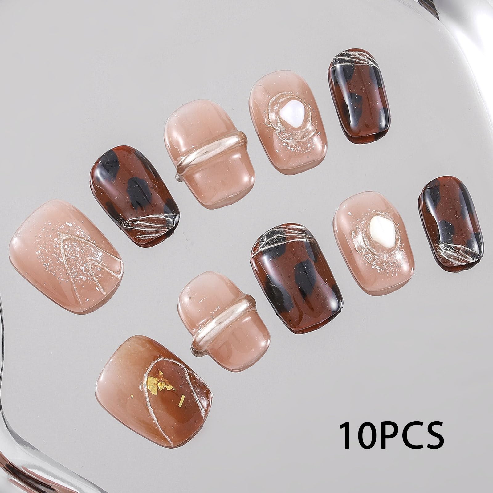 Sethexy Medium Long Coffin Handmade False Nails - Leopard Print, Gold Line, Winner Press on Nails Women Salon Stick on Nails 10PCS - Image 3