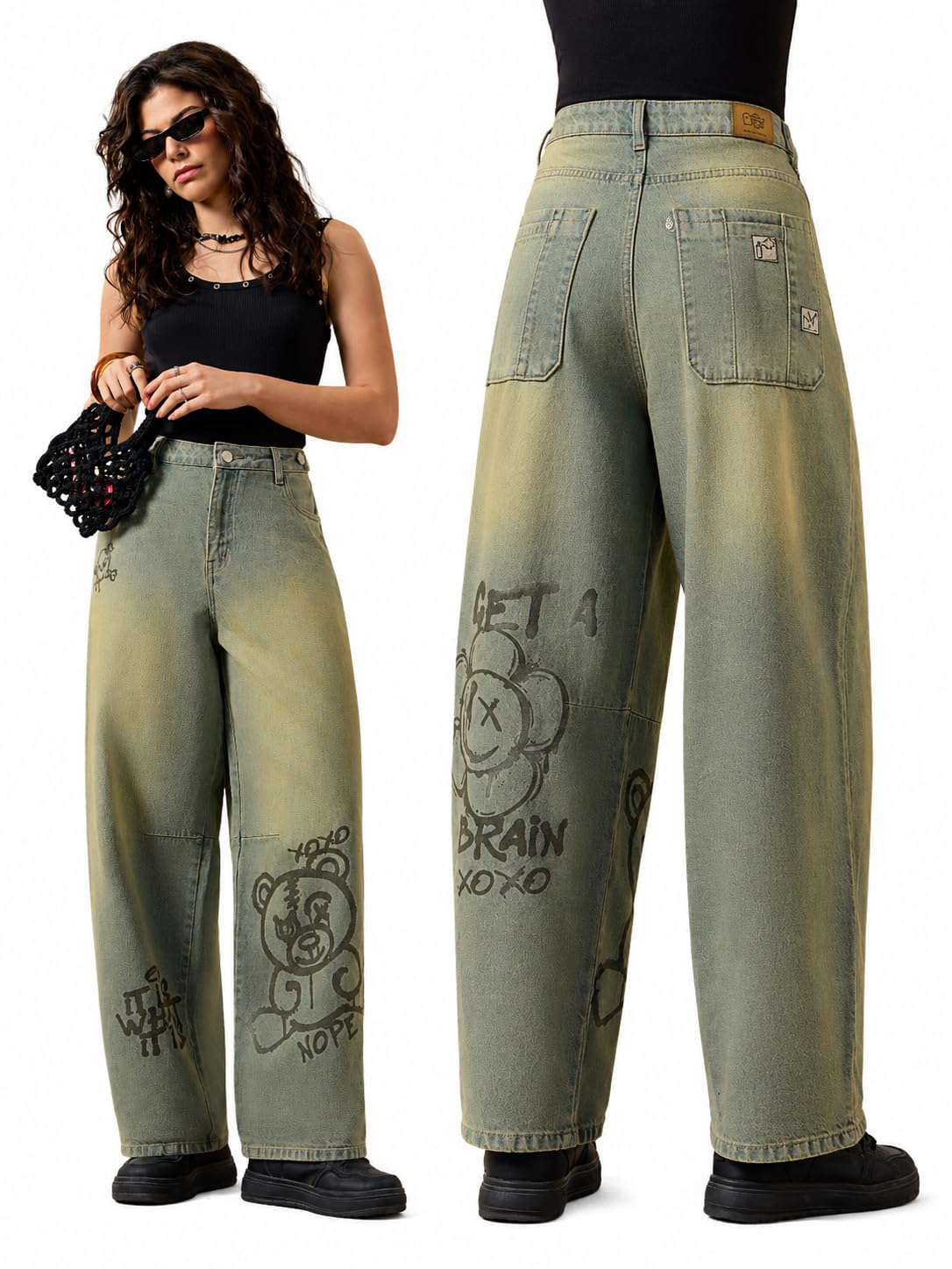 The Souled Store: Jeans con vestibilità a barretta: vita con cerniera e vita in cotone lavato, vestibilità a barilotto, leggero, regolabile, per l'uso quotidiano
