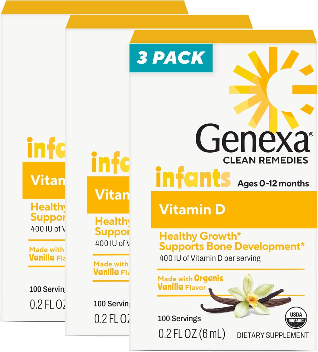 Genexa Infants Vitamin D Liquid Drops for Newborn, Baby & Toddler | Bone Development | Delicious Organic Vanilla Flavor | Certified Organic, Gluten Free, & Non-GMO | 270 Servings (3 Pack)