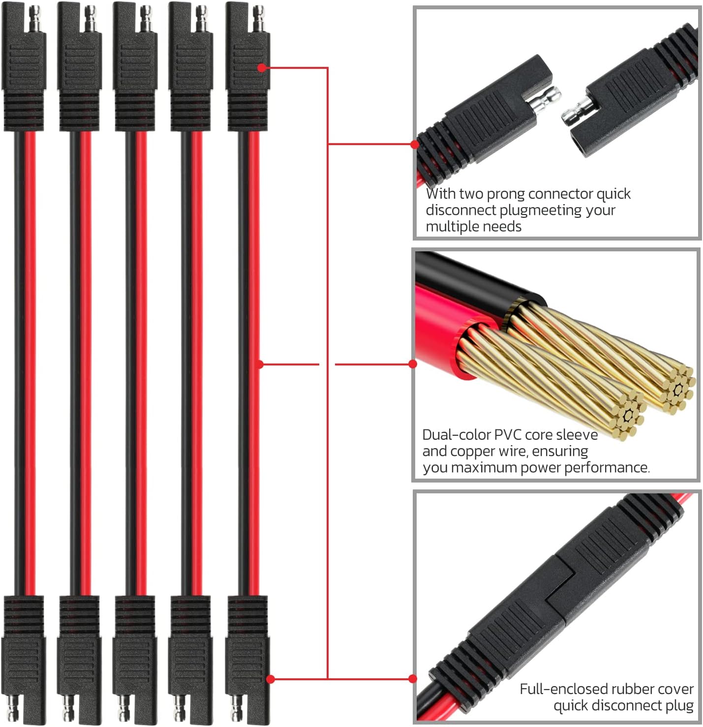 10 AWG SAE to SAE Extension Cable 10 Gauge 2-Pin SAE Connector Extension Cord with Dual Head Plug for Solar Panel Automotive Car Motorcycle 12in