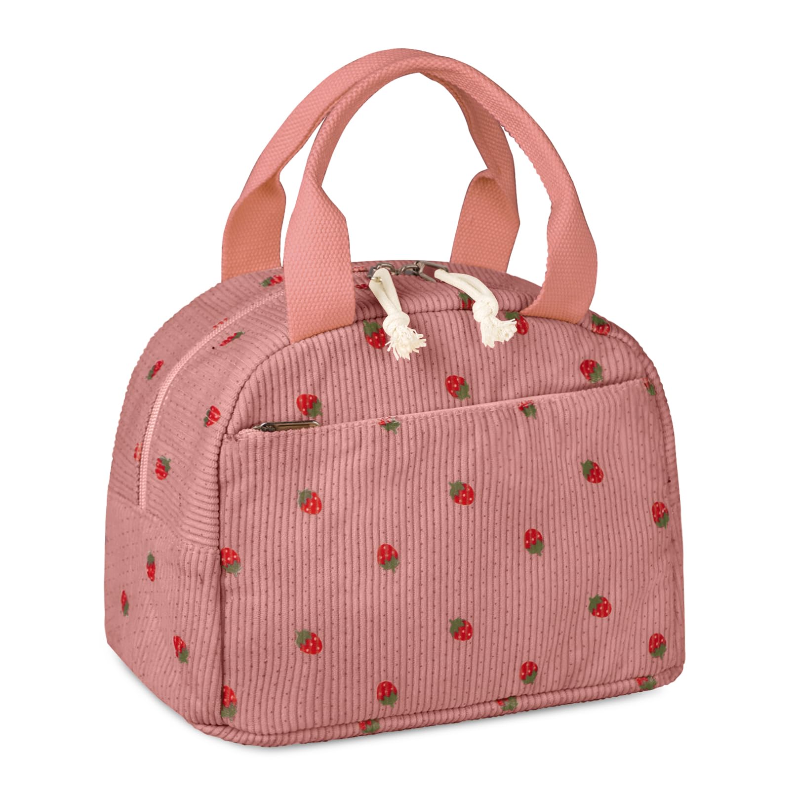 Kememo Insulated Lunch Bag for Women Girls, Corduroy Packed Lunch Bag Reusable Cool Bags for School Work Picnic, Pink Strawberry โ image 1