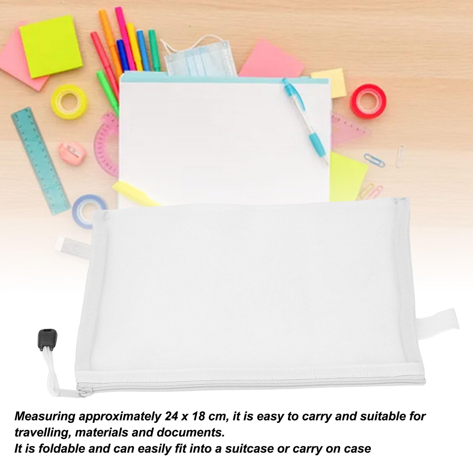 10Pcs A5 Mesh Zipper Pouch Bag, Nylon Mesh Zipper Pouch Bags Mesh Zipper Document Pouch Convenient Hanging Rope Waterproof Zipper Pouches for Office Home Hospital Travel (White) - Image 4