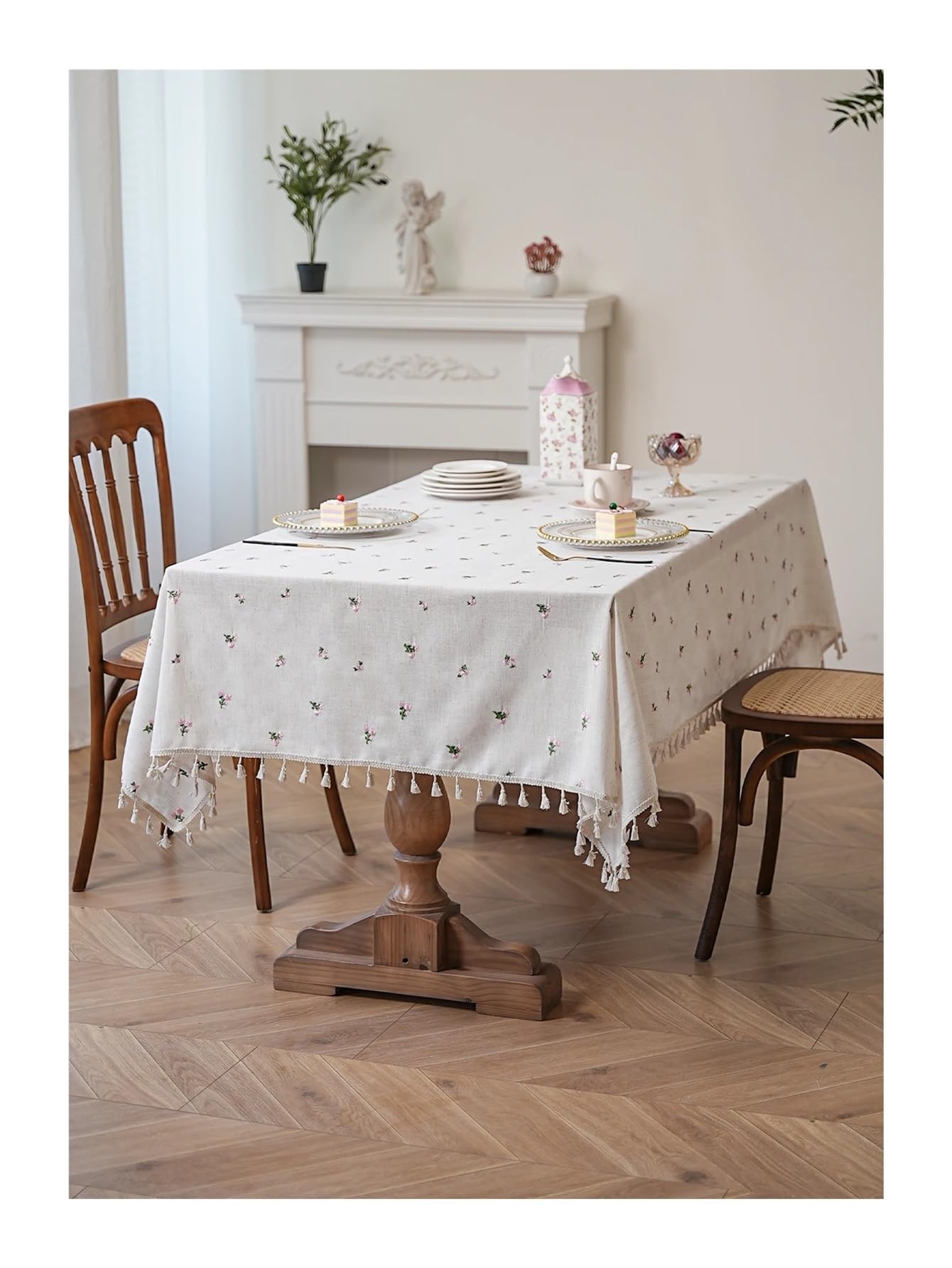 Mantel de Navidad Small Fresh Pink Flower Embroidery Hanging Spike Tablecloth Living Room Kitchen Dining Table Decoration(140x140cm)