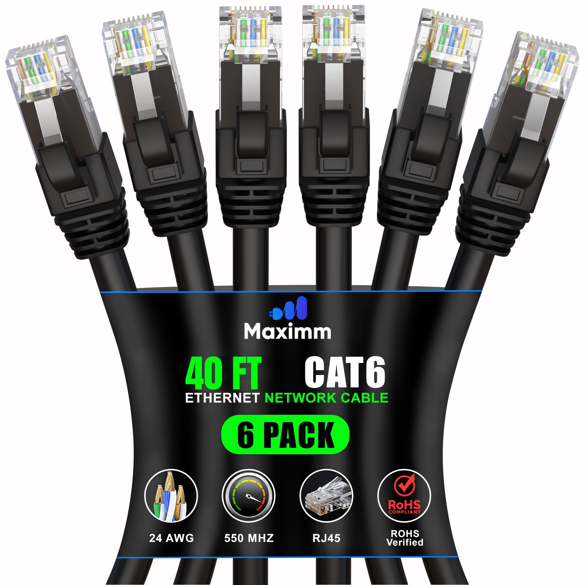 Maximm Cat 6 Ethernet Cable 40 ft (6-Pack) - High-Speed LAN Cable, Internet Cable, Patch Cable, and Network Cable - UTP, 10Gbps, 550MHz Ethernet Cord