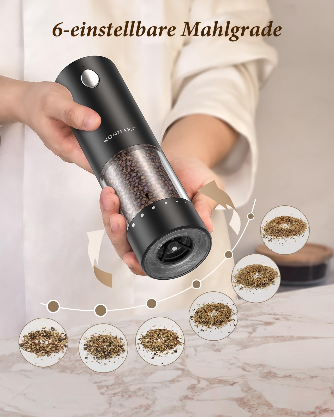 WONMAKE Ensemble moulin à sel et poivre électrique avec station de charge - Moulin à sel et à poivre électrique rechargeable - Réglage du degré de mouture à 6 niveaux - Lumière LED - Utilisation à une