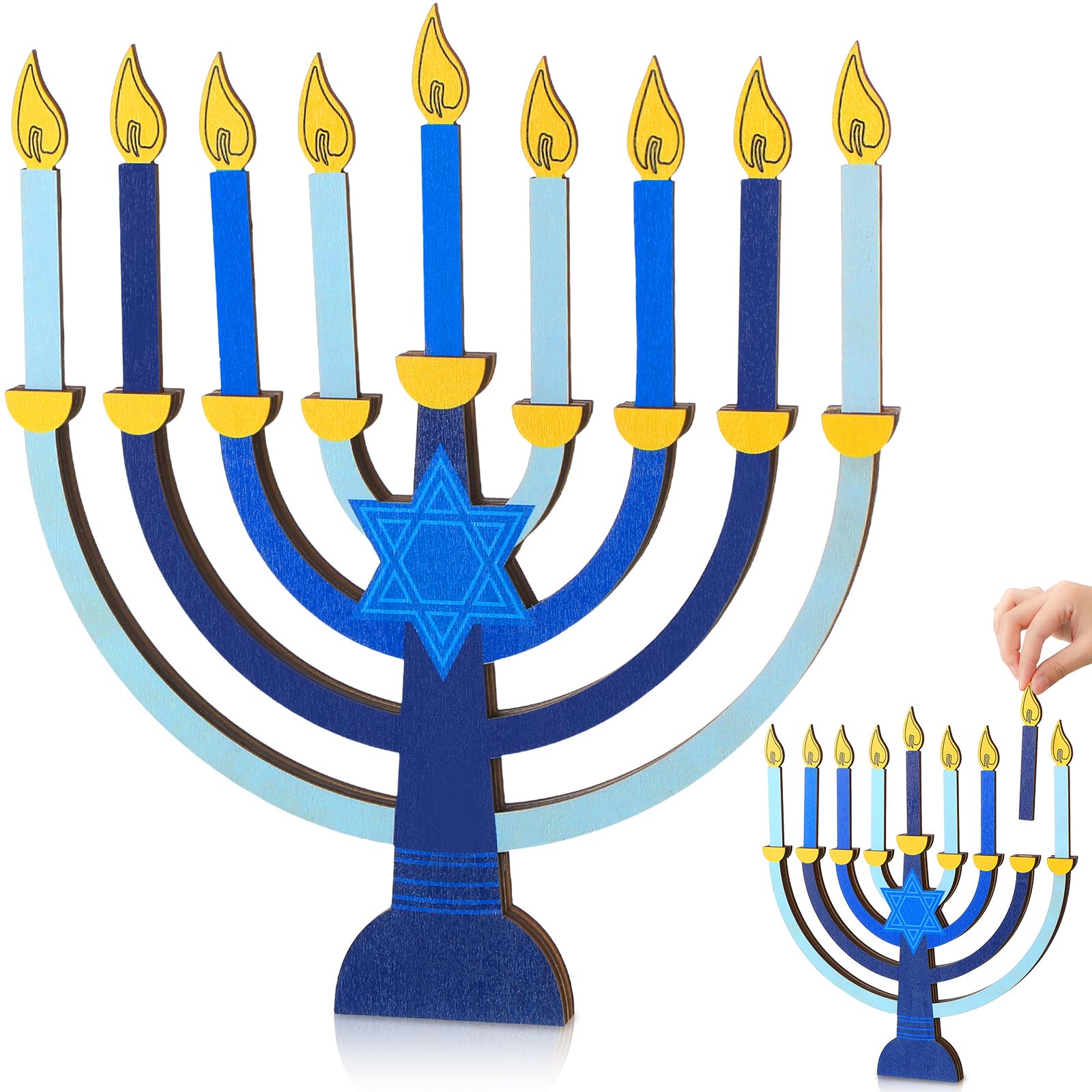 Layhit Hanukkah Menorah with Removable Wooden Candles Wooden Chanukah Menorah for Kids Baby Hanukkah Gifts Jewish Holiday Party Favors Centerpiece Decorations (Blue)