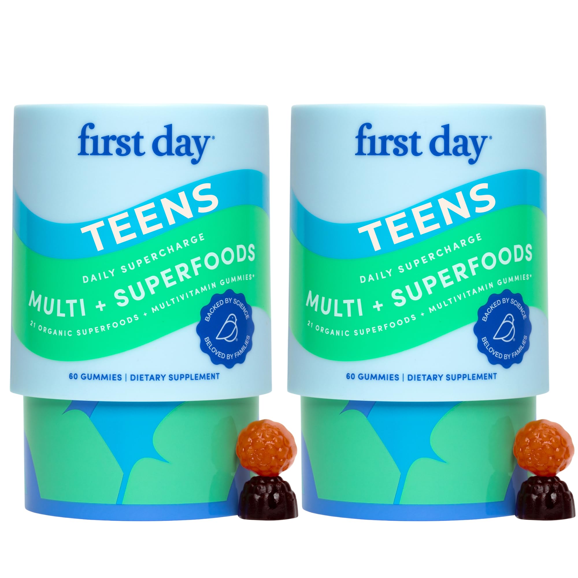 Vitaminas para adolescentes FIRST DAY - Multivitamínicos para adolescentes de 12 a 17 años, mezcla orgánica de frutas y verduras - 12 nutrientes clave: vitaminas A, B1, B2, B6, B9, B12, C, D3, E, K2 - Suministro para 60 días