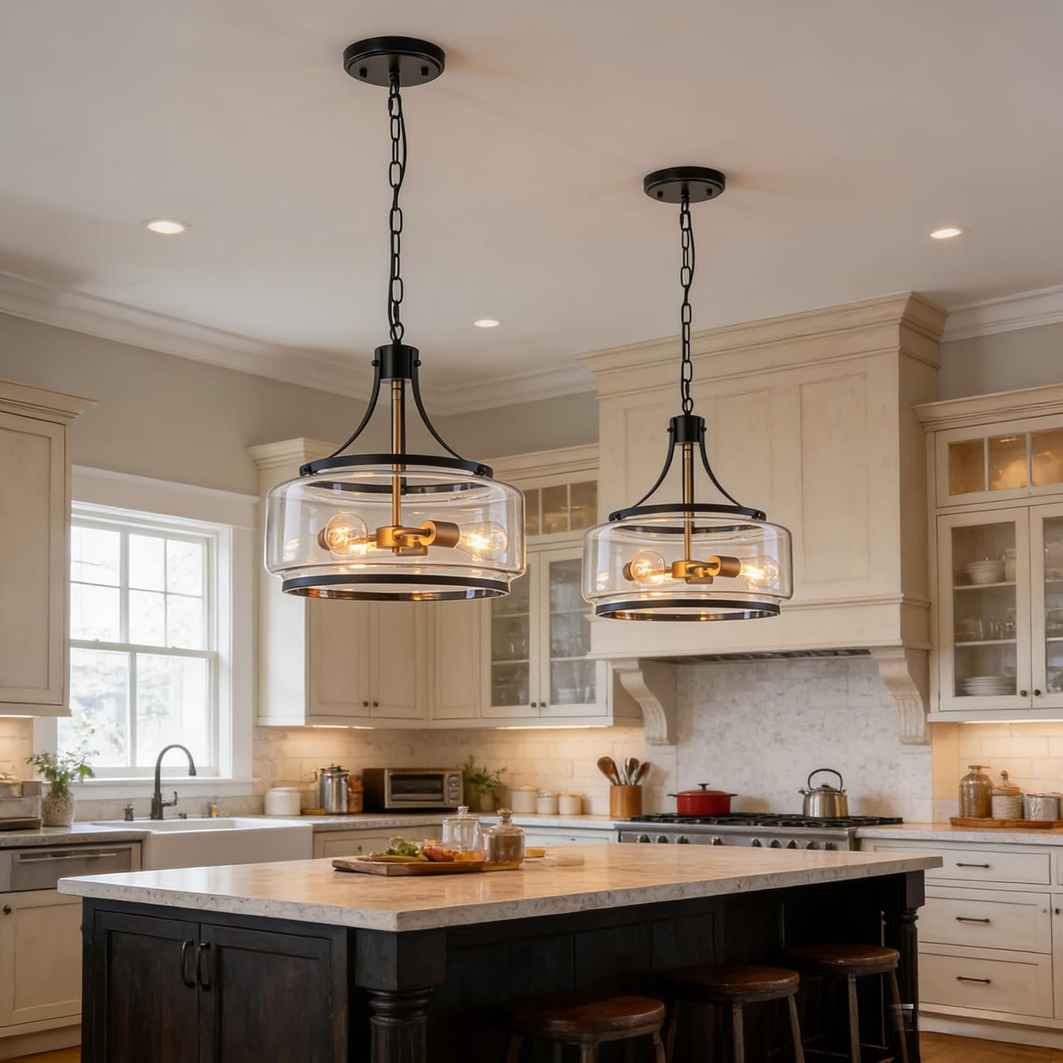 15.7 Inch Glass Drum Dining Room Light Fixture Over Table, Modern Black and Gold Chandeliers for Dining Room, Drum Pendant Light for Kitchen,Entryway,Living Room