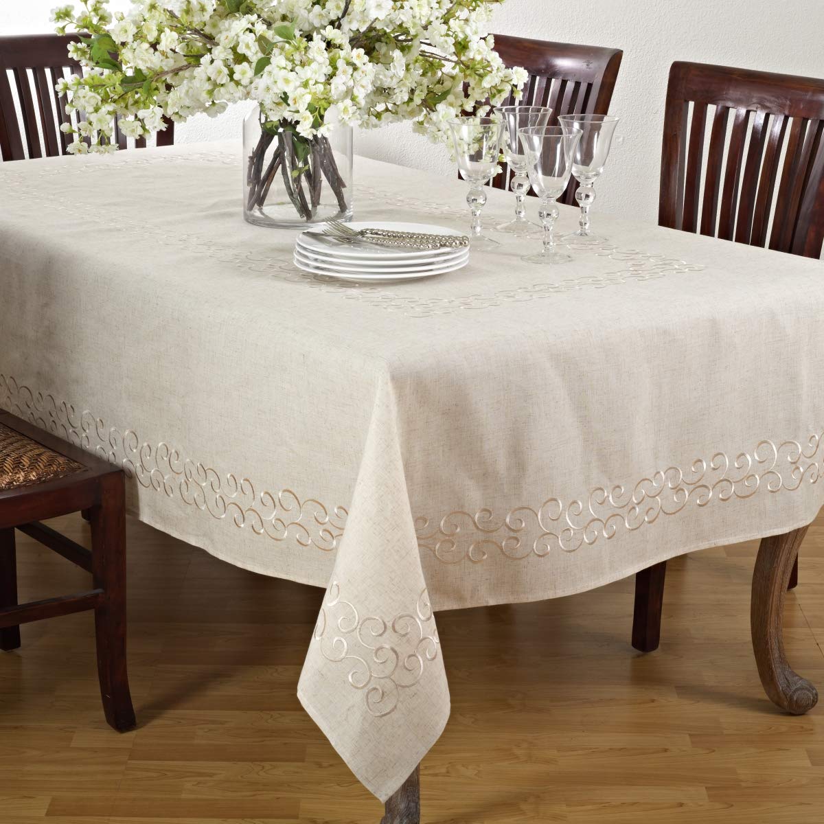 SARO LIFESTYLE Swirling Collection Design Tablecloth, 67" x 140", Natural