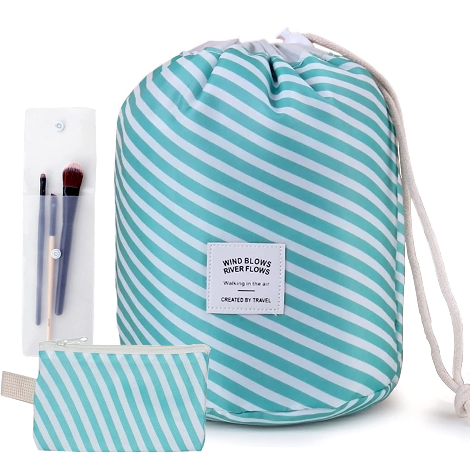 INVODA Cosmetic Bag 3 Pieces Barrel Shaped Travel Makeup Bags Large Capacity Soft Waterproof Portable Drawstring Cosmetic Bag Multifunctional Bucket Toiletry Bag