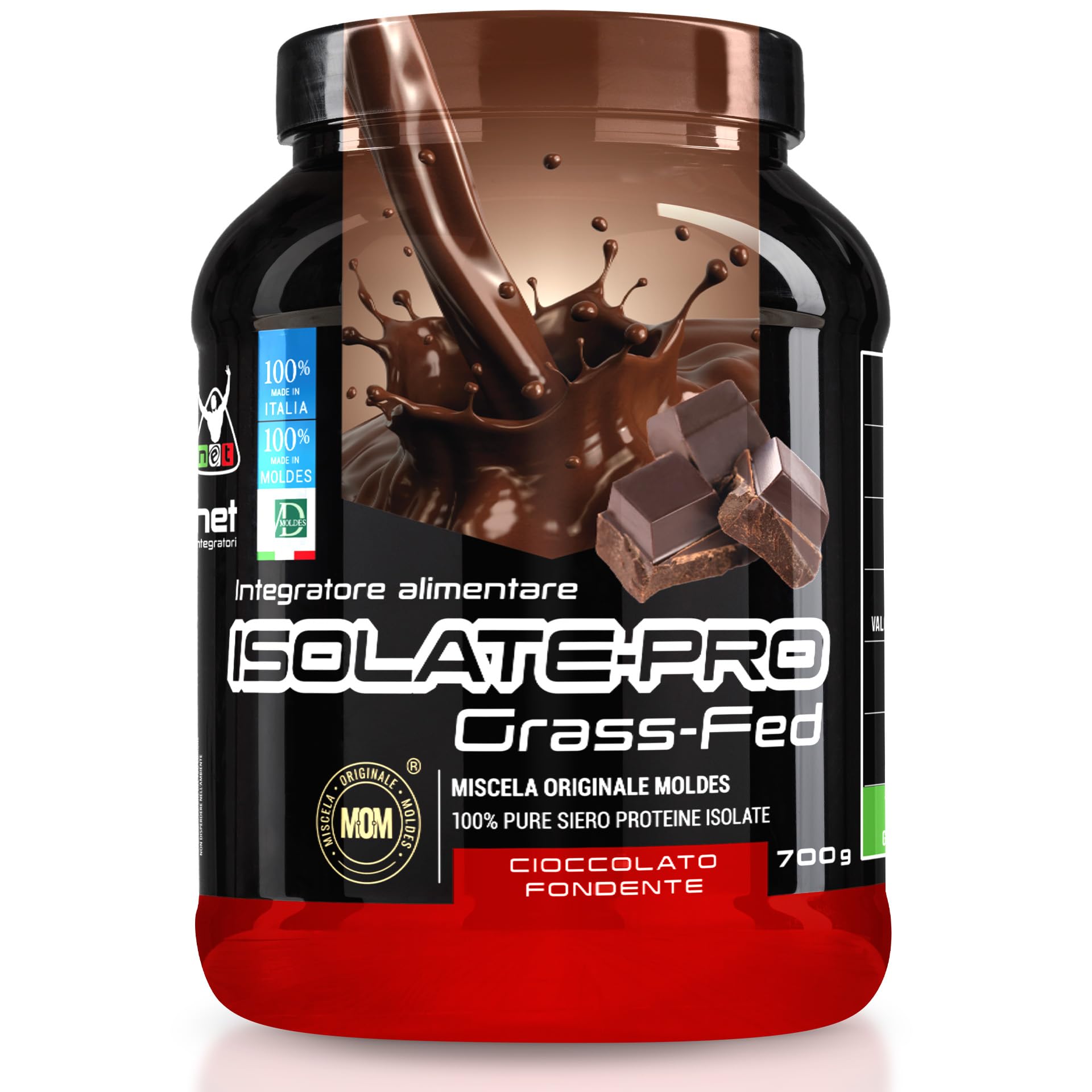 NET Integratori ISOLATE PRO Grass Fed - 700g Cioccolato Fondente- Proteine Isolate Con EAA Aminoacidi Essenziali e BCAA - Massimizza La Sintesi Proteica e La Crescita Muscolare