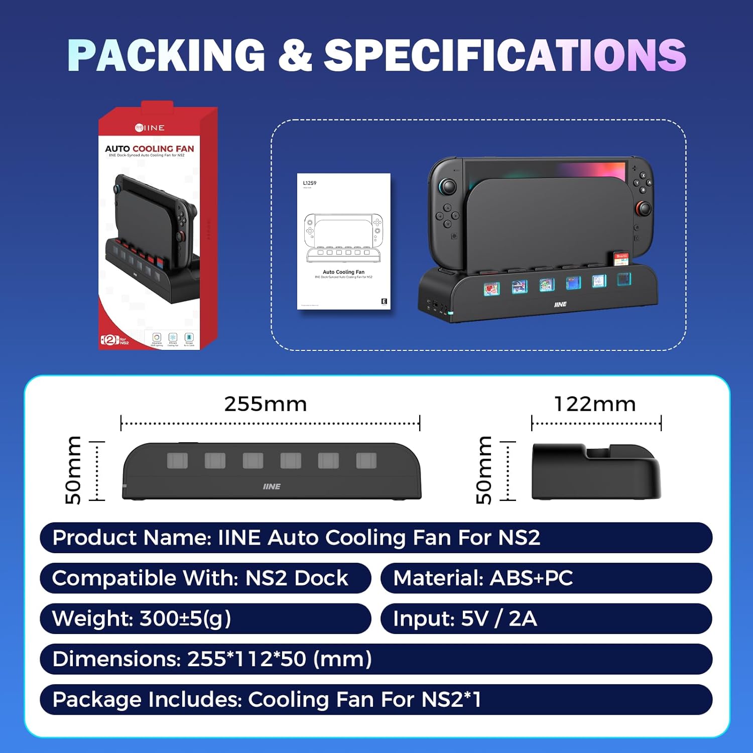 IINE Switch 2 Docking Station with Cooling Fan, RGB Dock Cooler with Dual-Fan System for Enhanced Console Performance, Plug & Play, Game Card Storage, Switch 2 Accessories