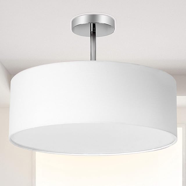 Ceiling Light, Modern Fabric Pendant Light Shade, Large White Drum Lampshade, Round Pendant Lamp, for Bedroom Living Room, Flush Chrome Matt, 3 Bulb, E27