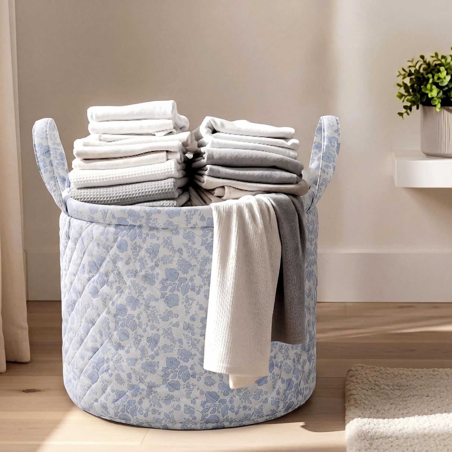 Boho Fabric Storage Basket 13 x 10 in Quilted Fabric Basket Blue Flower Large Collapsible Laundry Nursery Hamper Portable Car Storage Baskets with Handles for Clothes and Dolls