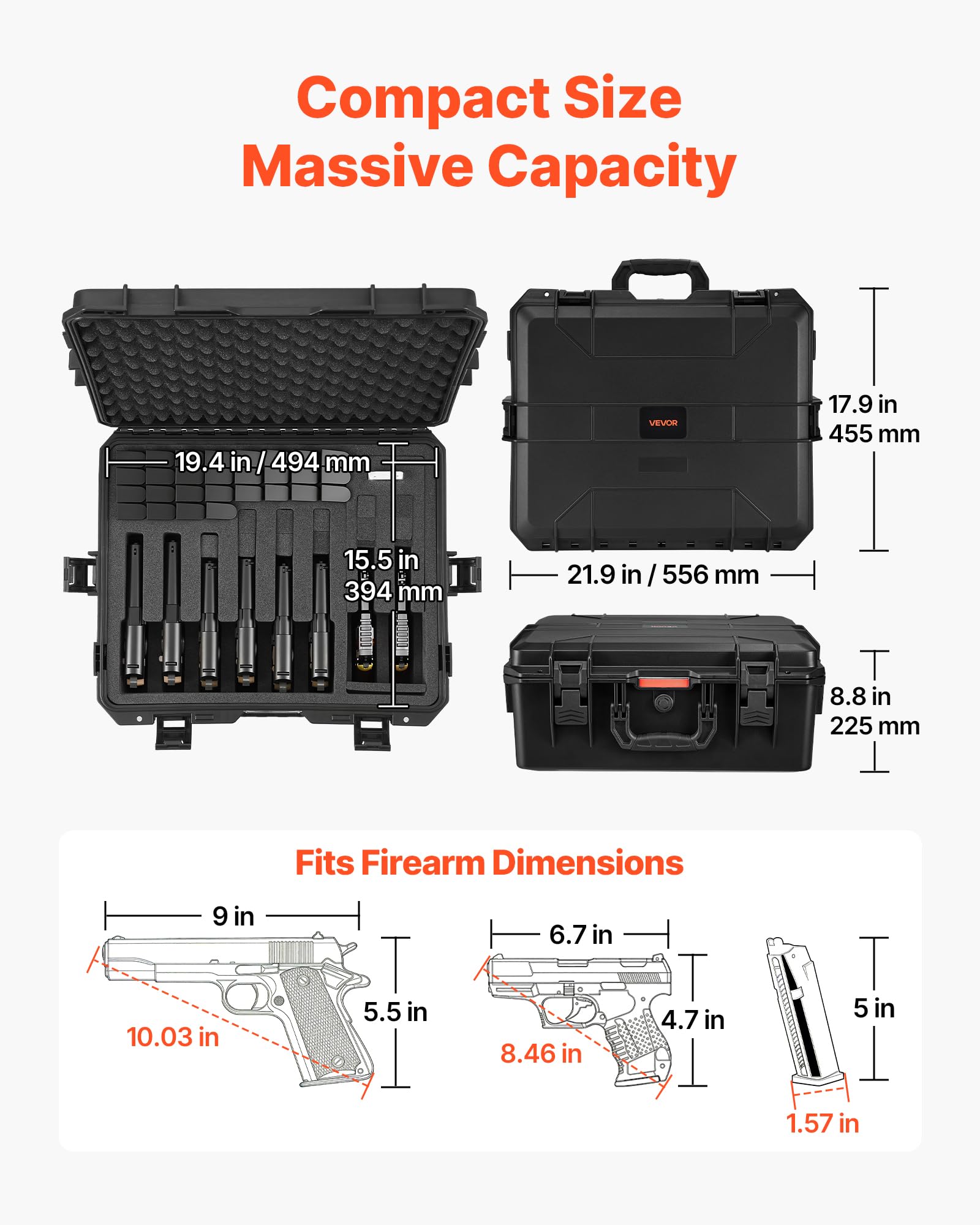 VEVOR Estuche Rígido para Pistola con Revestimiento de Espuma XPE, Funda para 8 Pistolas, Resistente al Agua y Polvo con Interior Personalizable y Asa 556 x 455 x 225 mm, Negro, Cumple con la TSA