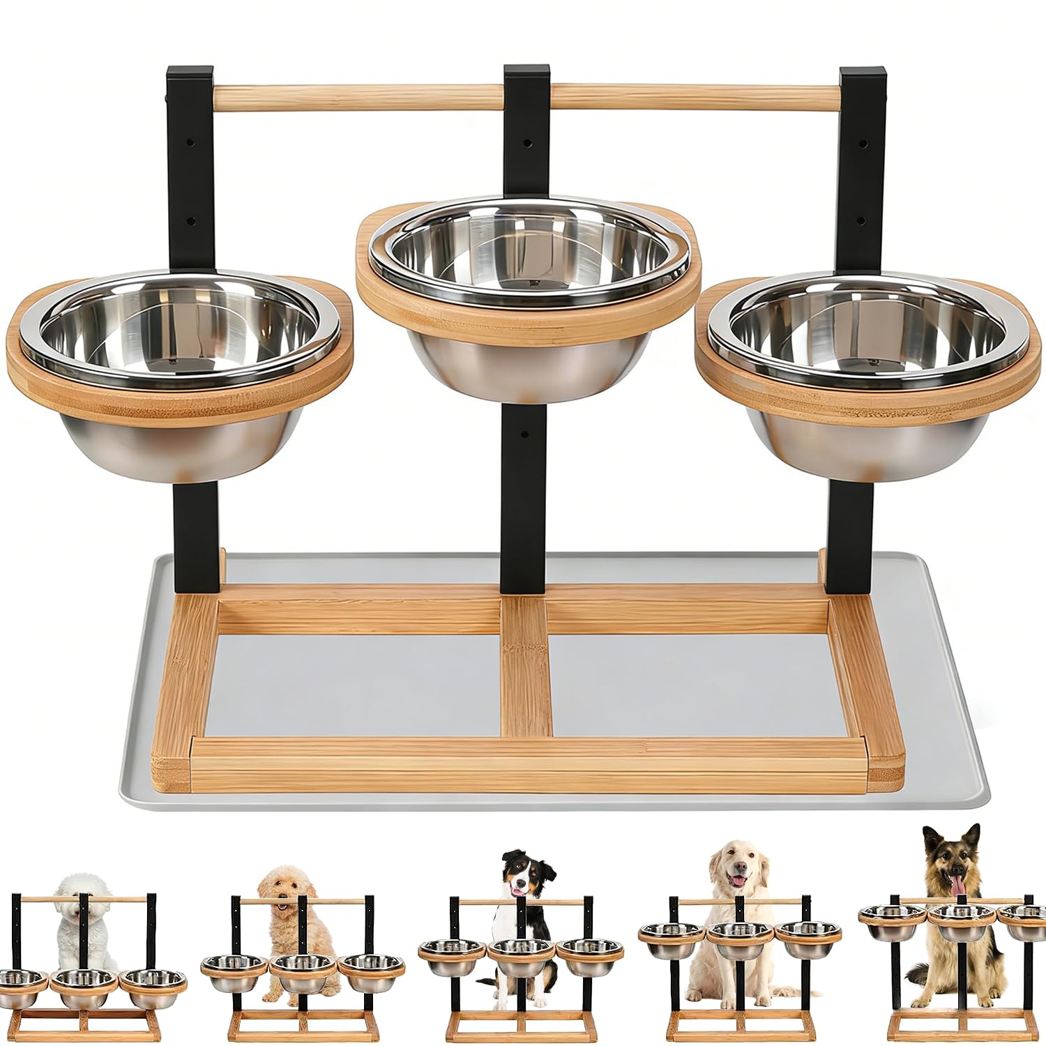 Comedero para perros elevado para perros, altura ajustable de madera, comedero para perros con 3 cuencos de acero inoxidable y alfombrilla a prueba de fugas, comedero mediano para perros grandes
