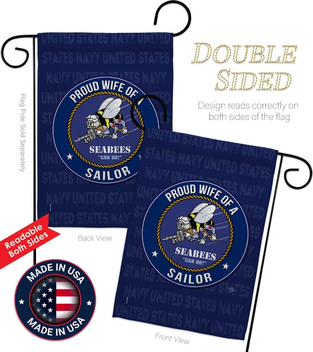 Breeze Decor Proud Wife Sailor Garden Flag Armed Forces Navy USN Seabee United State American Military Veteran Retire Official House Banner Small Yard Gift Double-Sided, Made in USA