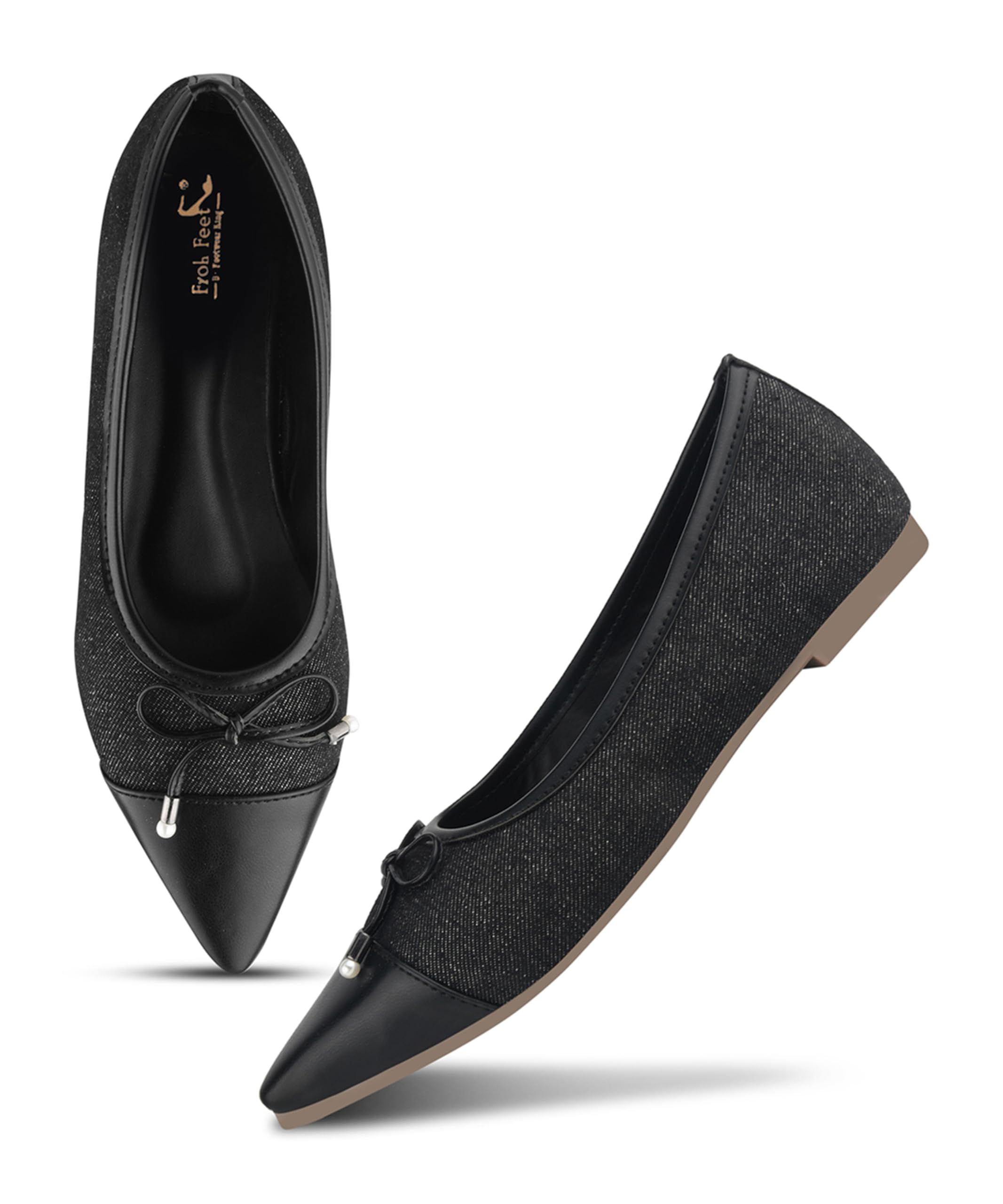 Froh Feet Chic Pointed Toe Flat Shoes for Women Stylish Denim Texture Ballerinas with Bow Detail for Casual Outings-picture-35