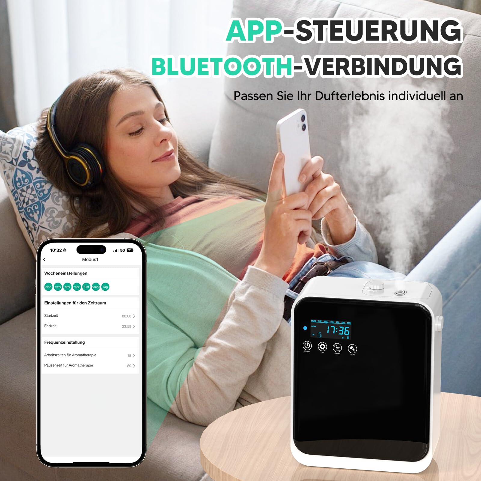 ShinePick Aroma Diffuser Wasserlos, 240ml Smart Wasserloser Diffuser für Ätherische Öle, LCD-Display, App Telefonsteuerung Aroma Diffusor Ohne Wasser Set Mit 80ml Ätherische Öle