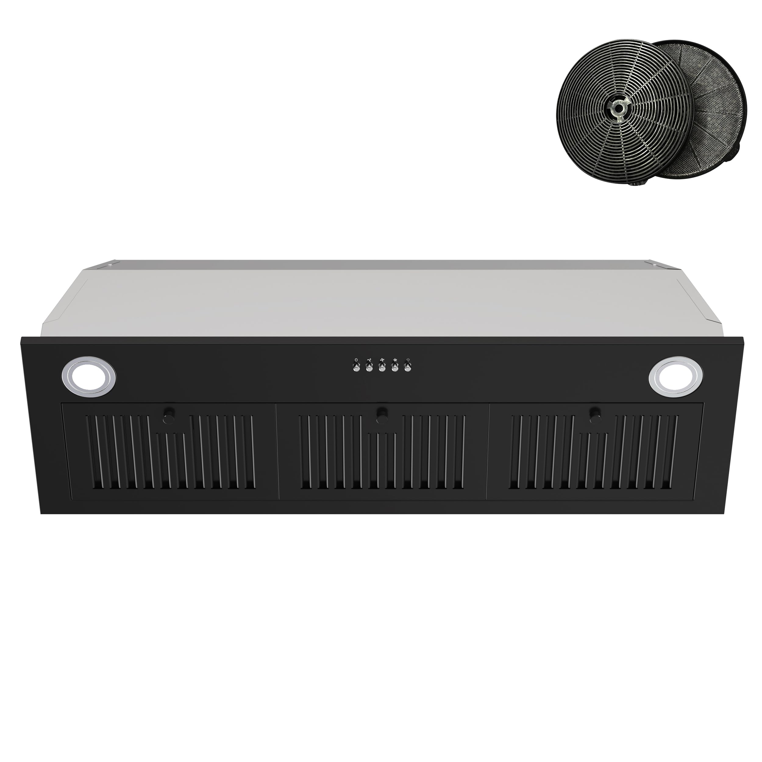 FIREGAS Campana extractora negra de 36 pulgadas, campana de cocina integrada con 600 CFM, campana de ventilación convertible sin conductos/conductos, campana de estufa con botón, filtros de aluminio y