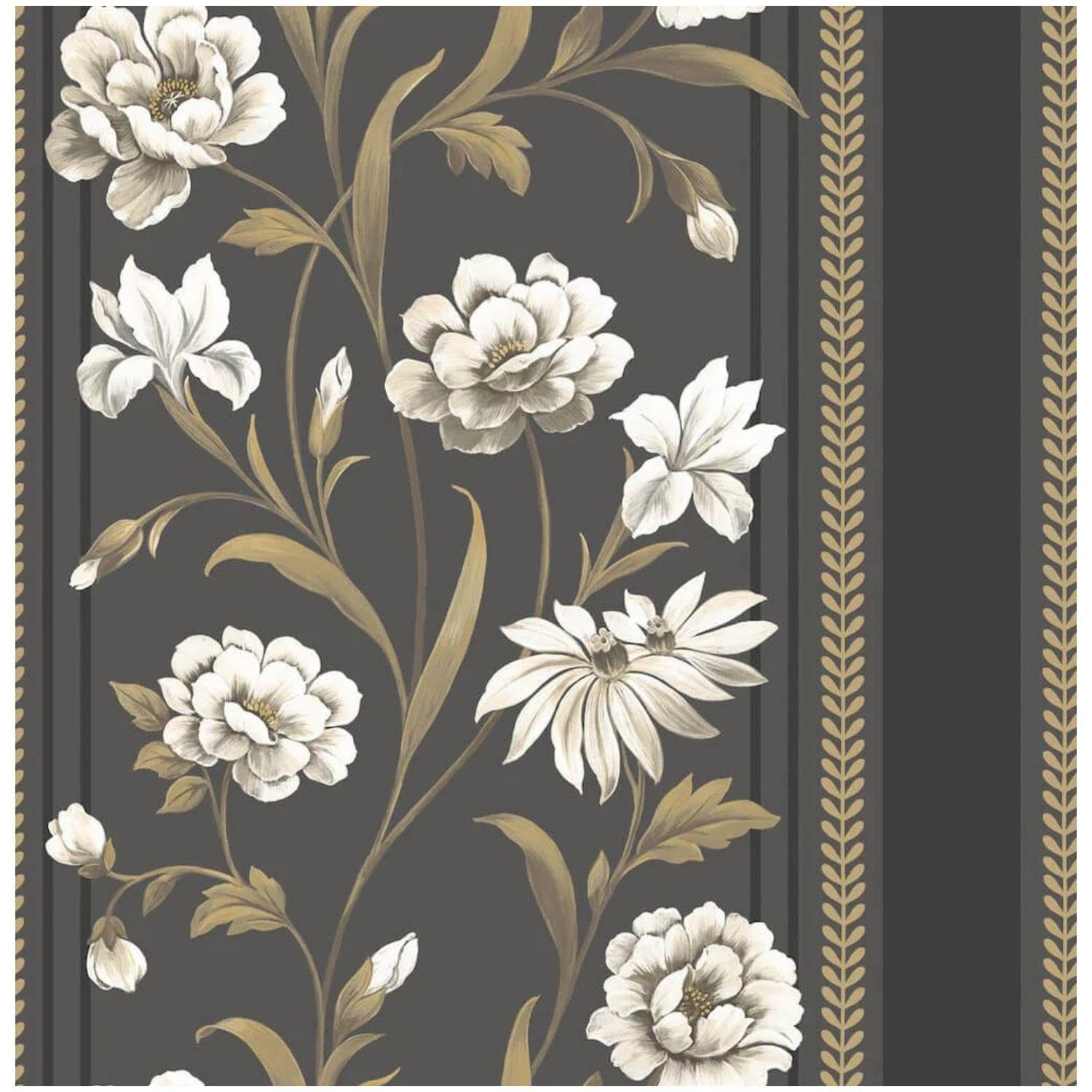 Yöl Dark Charcoal / Neutral Raya Dark Floral Stripe Wallpaper - Feature Statement Wall - 10.05M X 53Cm Roll - Contemporary Versatile Sophisticated - Washable Paste The Paper - Bedroom Lounge Living Room Wallcovering