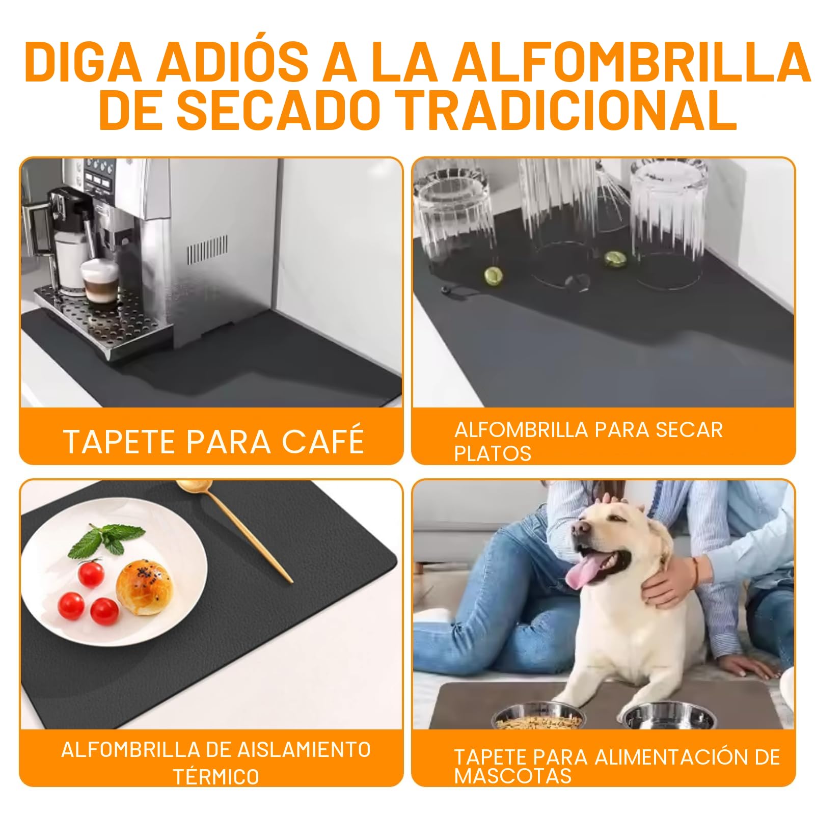 Alfombrilla escurreplatos 60x40 cm de silicona, bayeta escurreplatos antideslizante, alfombrilla cafetera absorbente, bandeja escurreplatos para cocina, protector encimera cocina gris oscuro