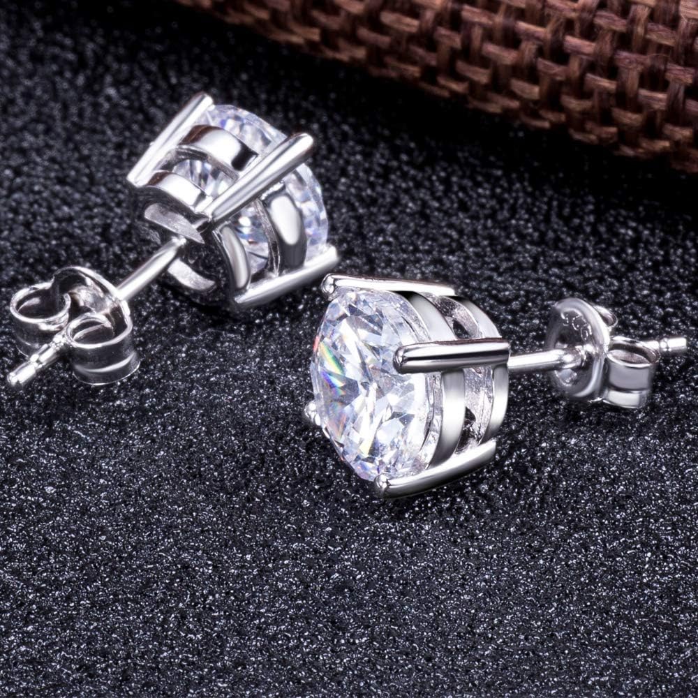 18K Blanco Oro Plateado Pendiente Brillante Diamante Hombre Mujer Circonitas Pendientes Plata de Ley 925 Regalo de Cumpleaños Navidad San Valentin Color Blanco
