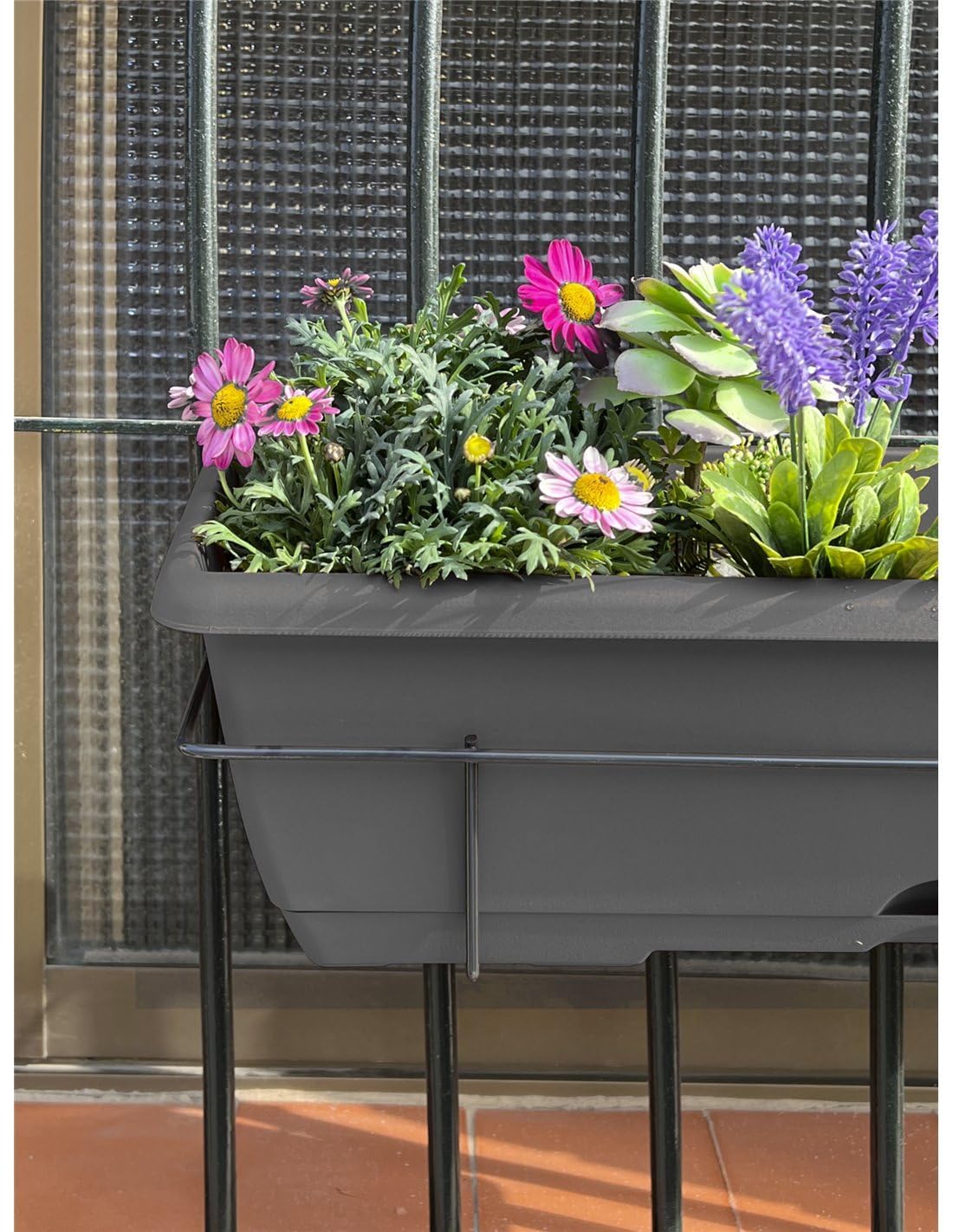 Jardin202 - Jardinera de balcón con Plato y Soporte metálico Incorporado | Macetero de plástico para Colgar | 40 cm (Gris)
