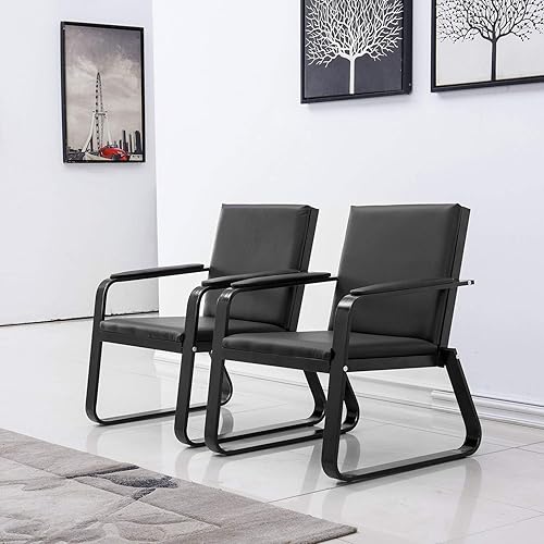 Miniatura 3 de wonline 2 sillas de sala de espera con reposabrazos, muebles de oficina de piel sintética negra, asientos de invitados de oficina, vestíbulo de