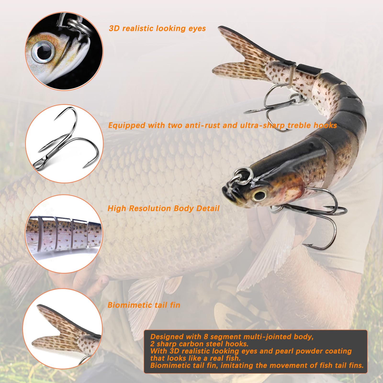 3D Esca da Pesca Bionica, 9 Segmenti Esche Artificiali Spinning, Esca Finta Multi-jointed Swimbaits, Ganci di Ancoraggio, Esche Artificiali Realistiche Lure per Luccio Persico (13.5cm, 17g