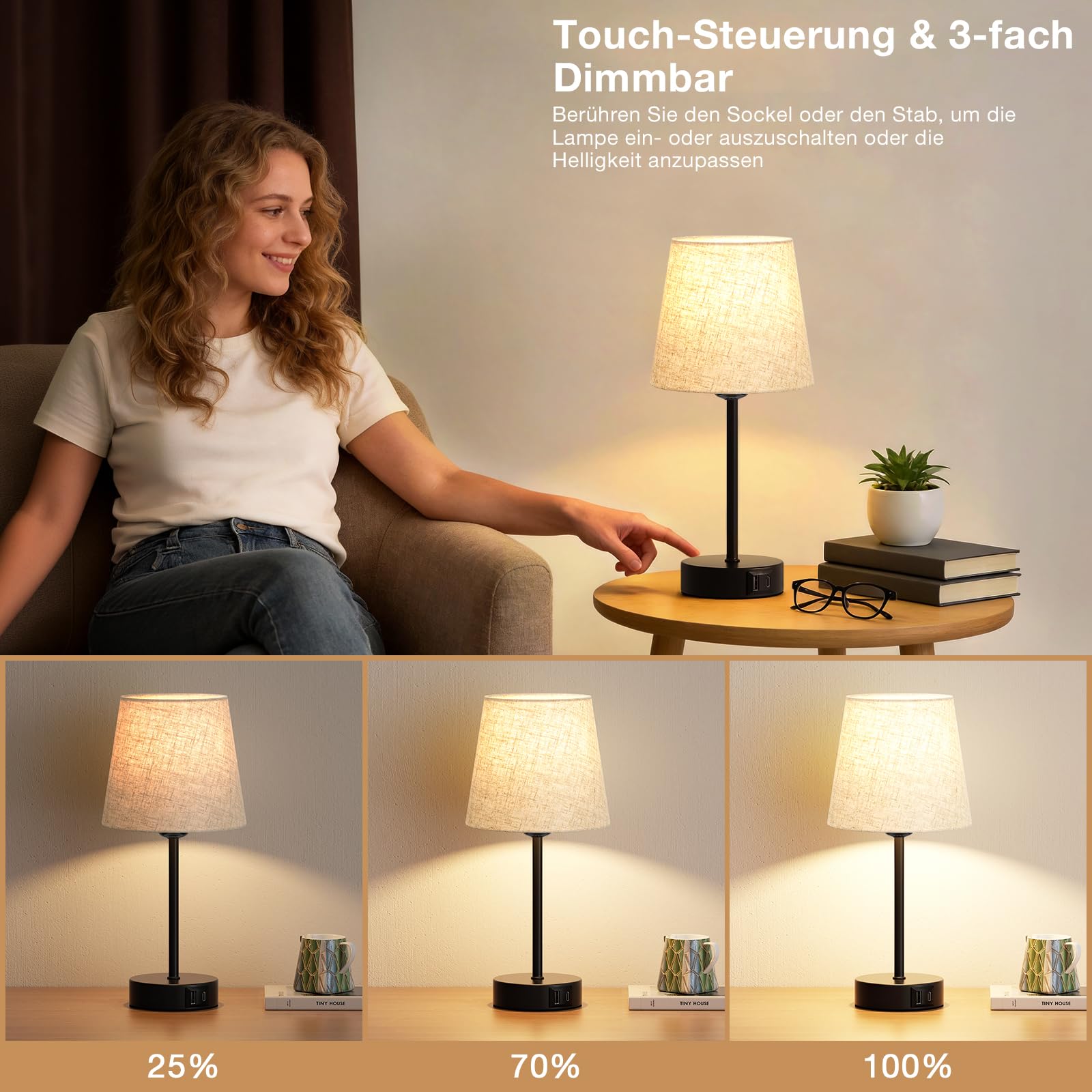 Nachttischlampe Touch Dimmbar 2er Set, Tischlampe mit Ladefunktion USB A+C-Anschlüssen 2 LED Birnen, Leinen-Lampenschirm, Kleine Lampe für Schlafzimmer Wohnzimmer Babyzimmer Büro