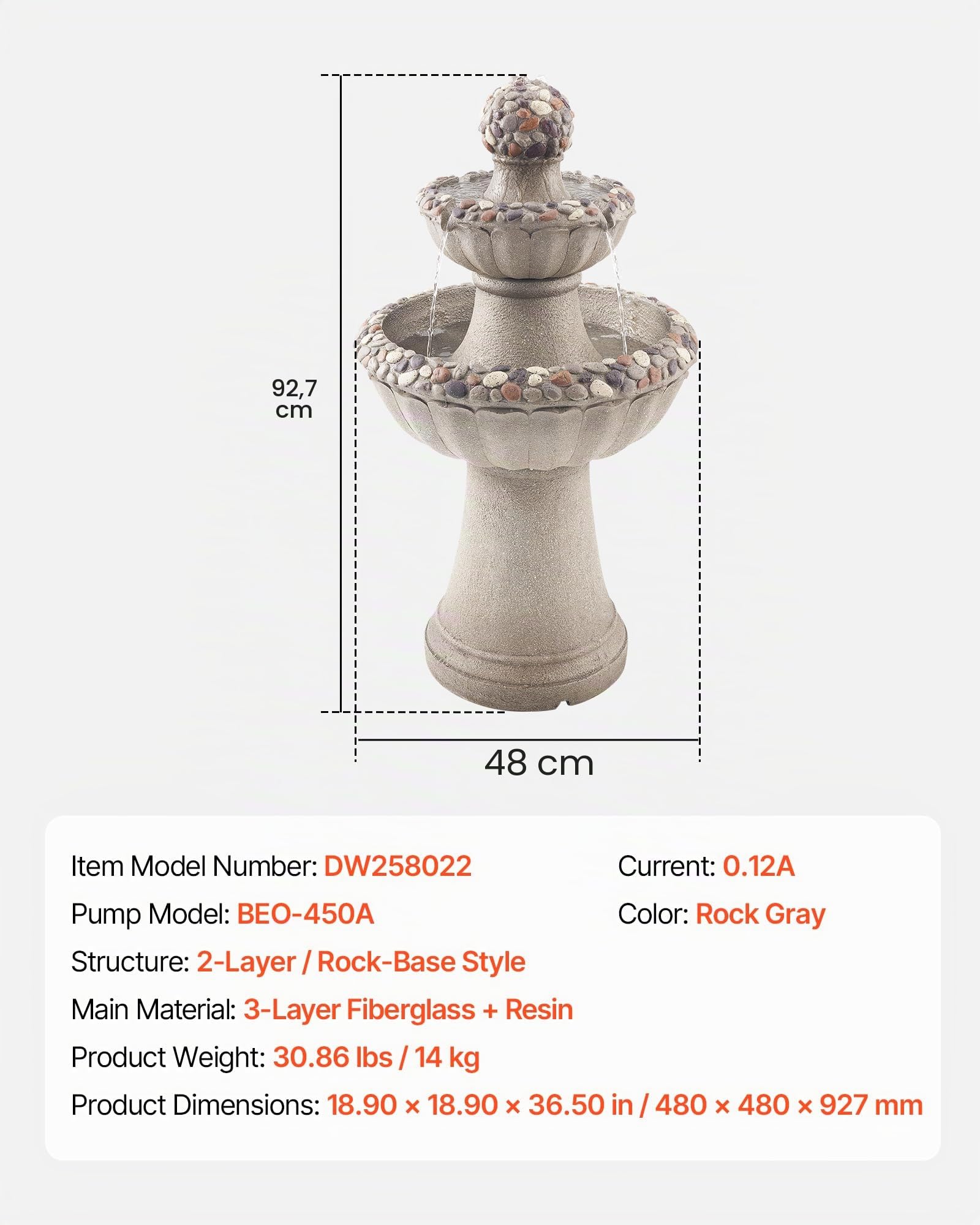 VEVOR Fuente de Agua para Exteriores, 927 mm de Altura, Fuente de Cascada de 2 Niveles de Fibra de Vidrio y Resina con Base de Roca y Bomba para Jardín, Patio, Decoración del Hogar,Gris Roca