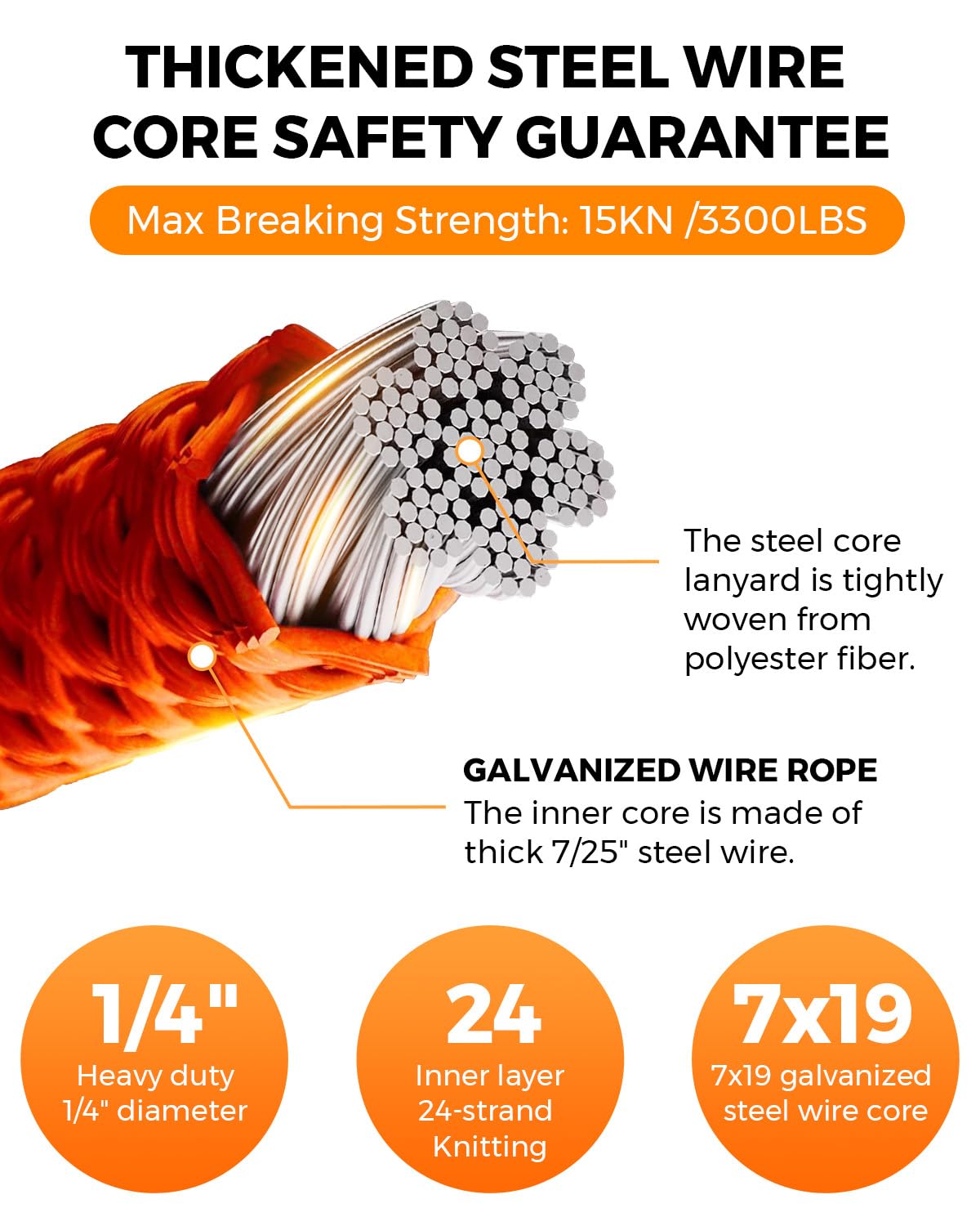 Cable de alambre de acero, kit de cordón de posicionamiento de arborista de protección contra caídas | Arborist - Equipo de escalada de árboles con gancho giratorio, mosquetón de triple bloqueo y ajustador de cuerda