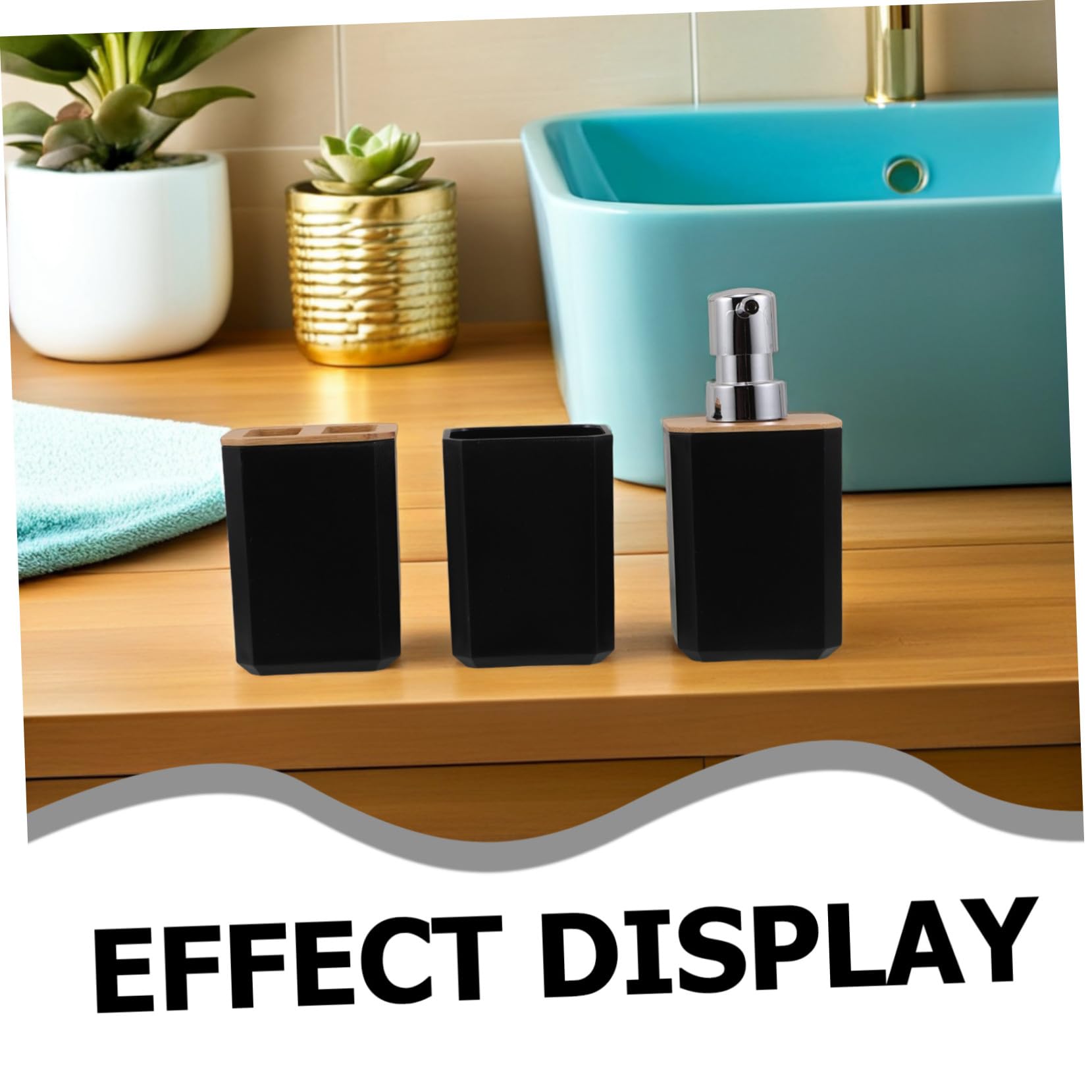 SOIMISS Set de Accesorios de Baño Negro de Bambú y Plástico Dispensador de Jabón y Vaso para Cepillo de Dientes, Fácil Mantenimiento y Organización para Hogar o Hotel
