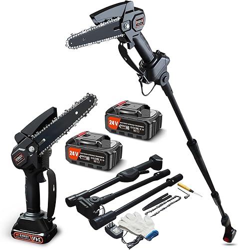 Sierras de poste para poda de árboles de 24 V, sierras de poste alimentadas por batería, sierra de poste con 2 baterías y cargador de 130 a 88.6 in,