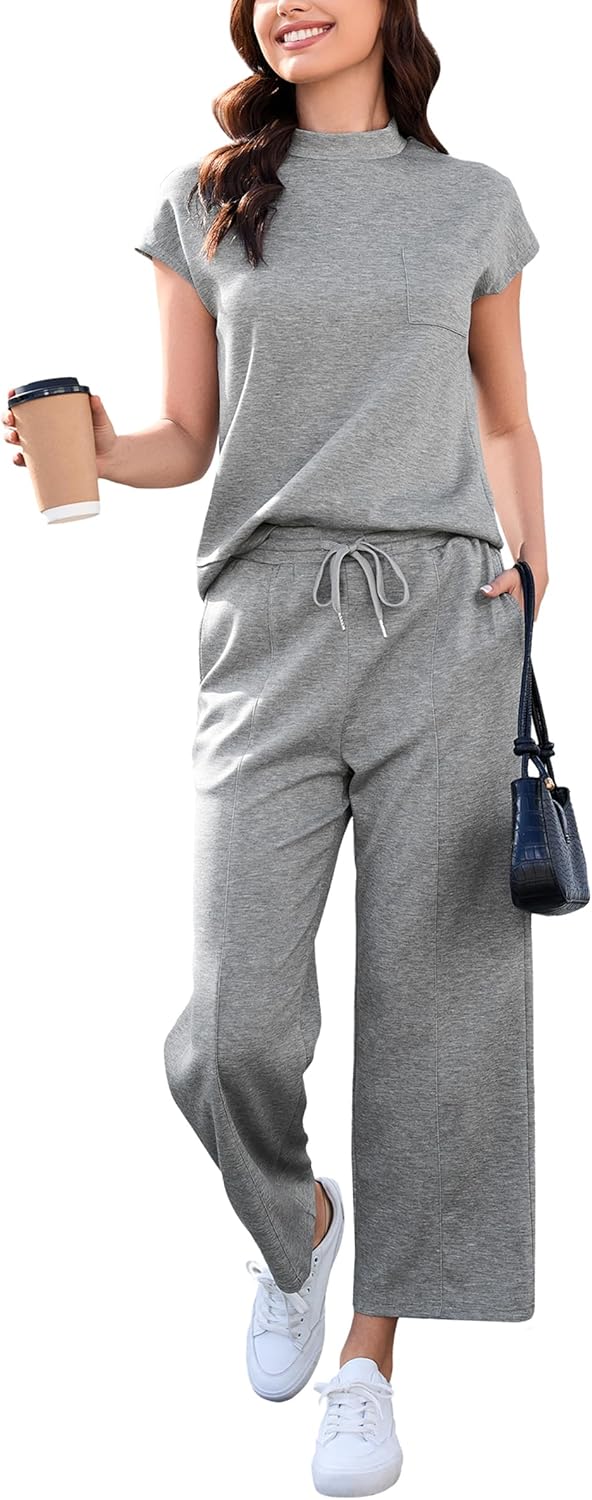 Totatuit Women's 2 Piece Lounge Set Summer Outfits Travel Airport Tracksuit Wide Leg Loungewear