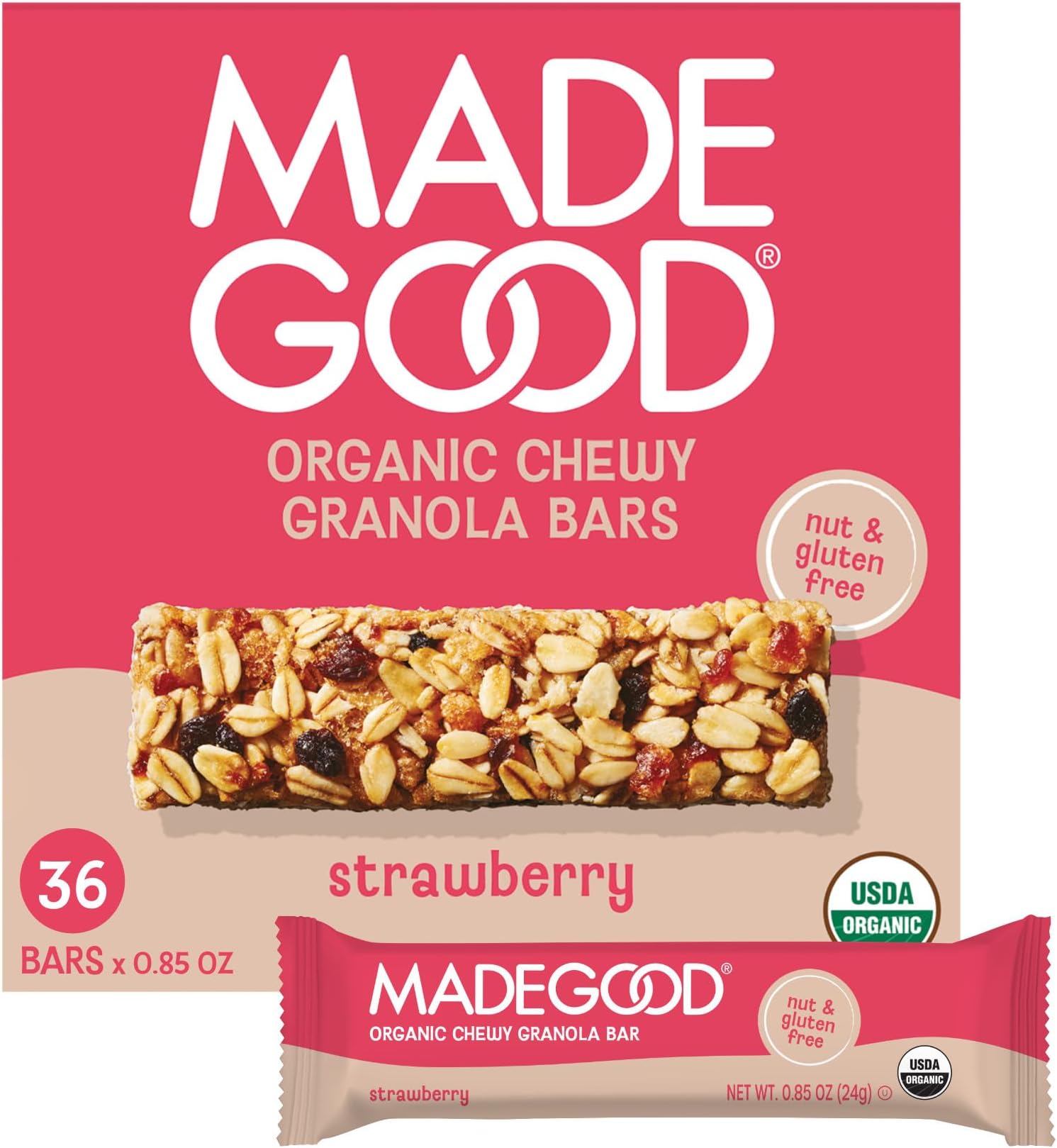 MadeGood Strawberry Granola Bars (36 Count, 0.85oz Each) Contain Nutrients from Vegetables, Gluten Free