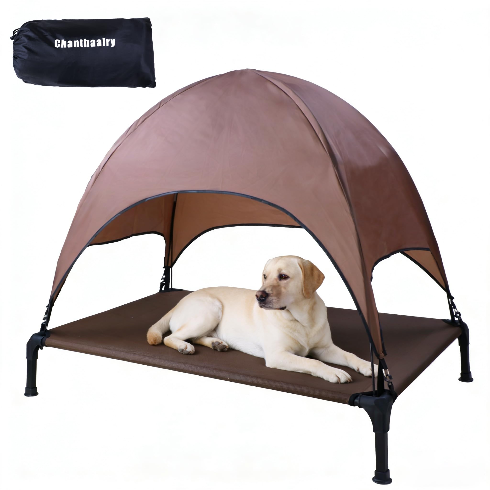 Chanthaalry Outdoor Elevated Dog Cot, Portable Pet Bed with Removable Shade Water Resistant, Breathable Cooling Dog Camping Tent for Large Dogs Indoor Outdoor Backyard Camping Beach