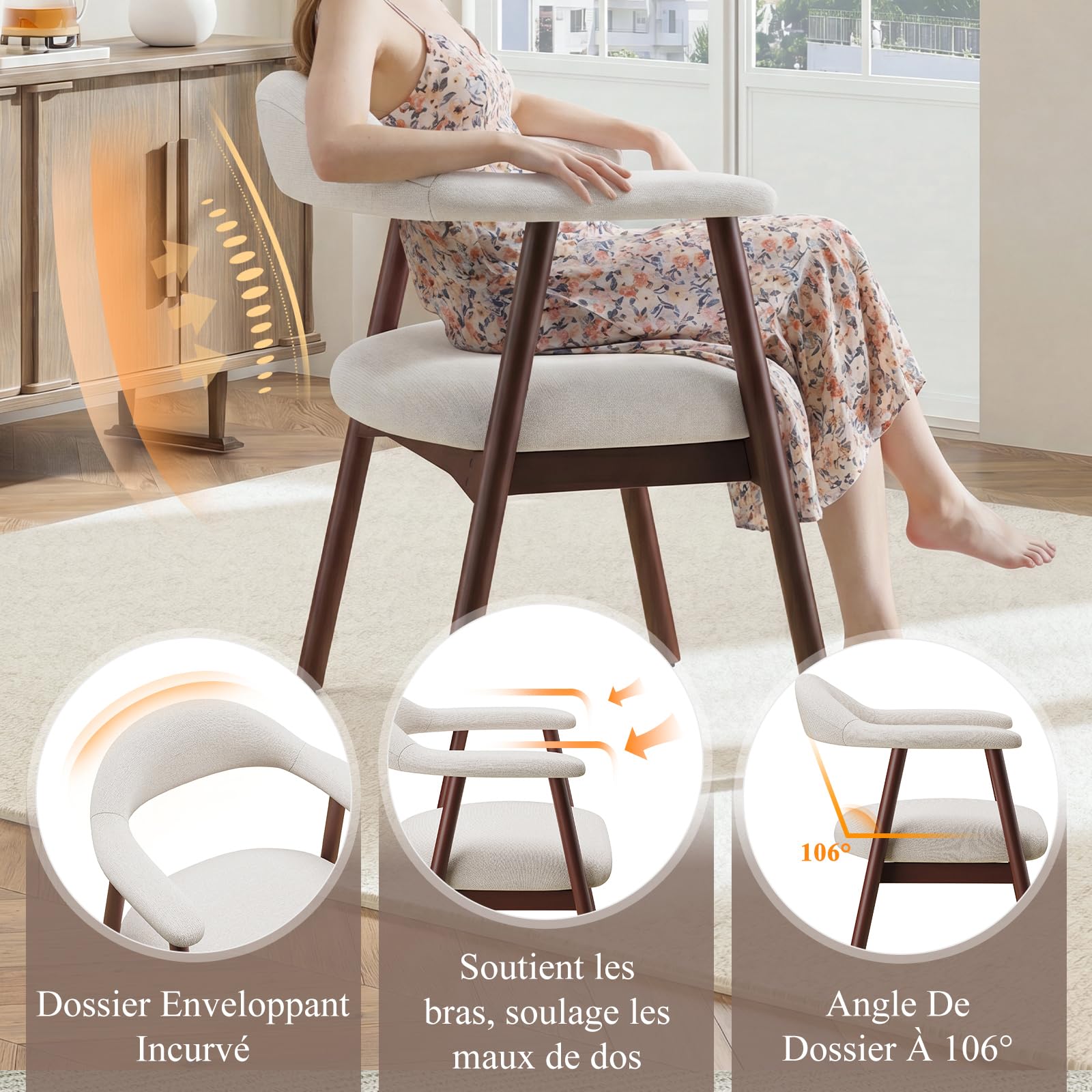 MALOL Lot de 4 chaises de Salle à Manger avec accoudoirs, Chaise rembourrée en Tissu Dossier incurvé et Pieds en Bois, Style Moderne des années 50 pour Cuisine et Salle à Manger, Beige